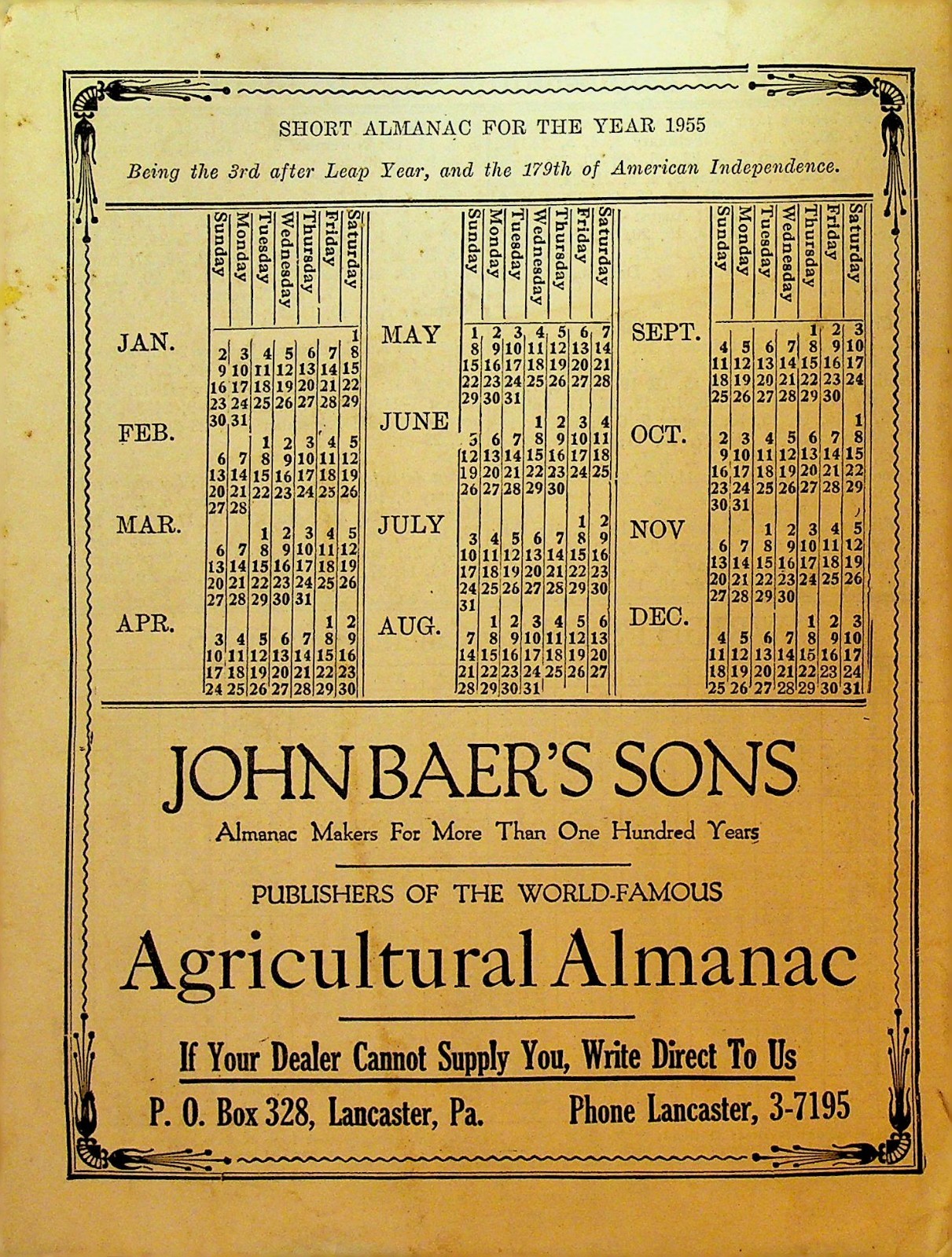 Agricultural Almanac 1955 John Baer&rsquo;s Sons Lancaster Pa