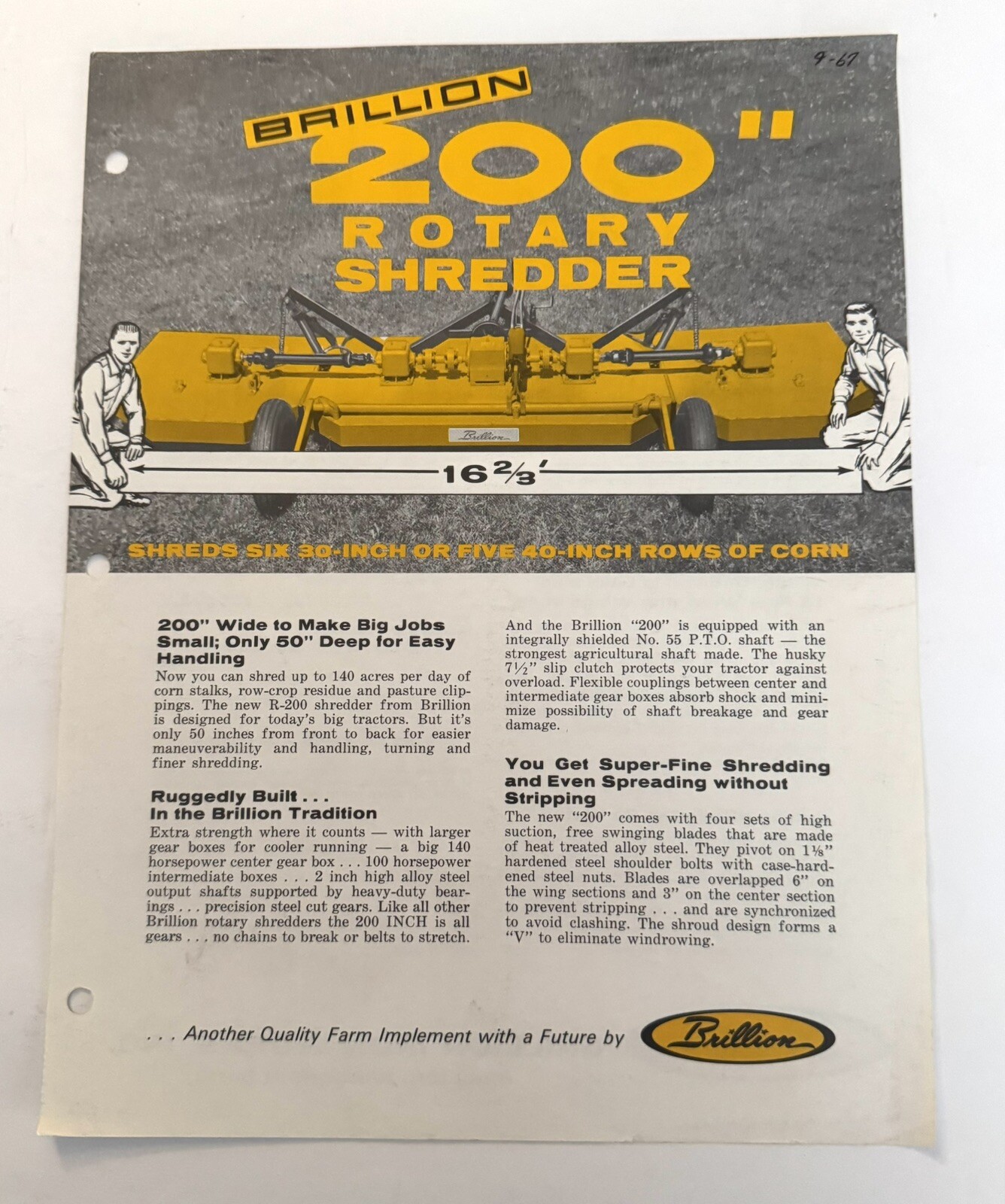 Vintage 1967 Brillion 200&Prime; Rotary Shredder Farm Tool 2-page Sales Brochure