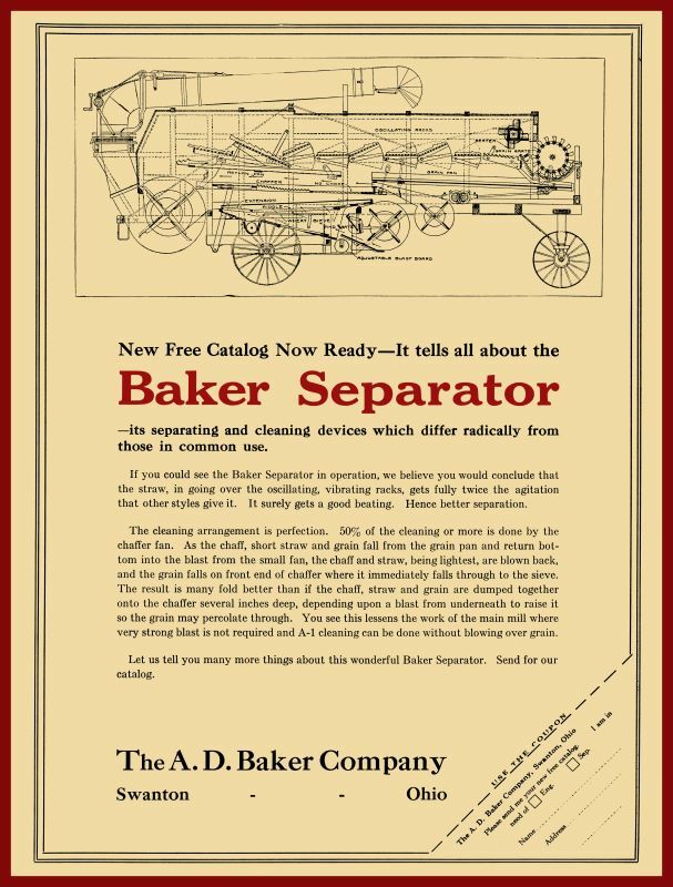 1920 A.D. Baker NEW Metal Sign: Separator Cutaway View – Swanton, OhiO