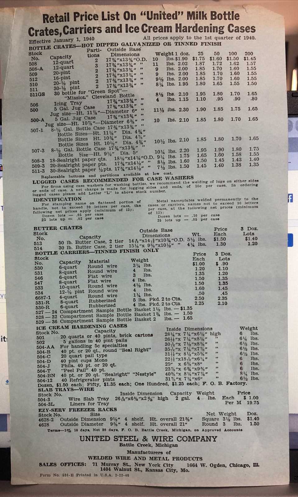 1940s United Steel & Wire Company Retail Price List Dairy Bottles Crates+