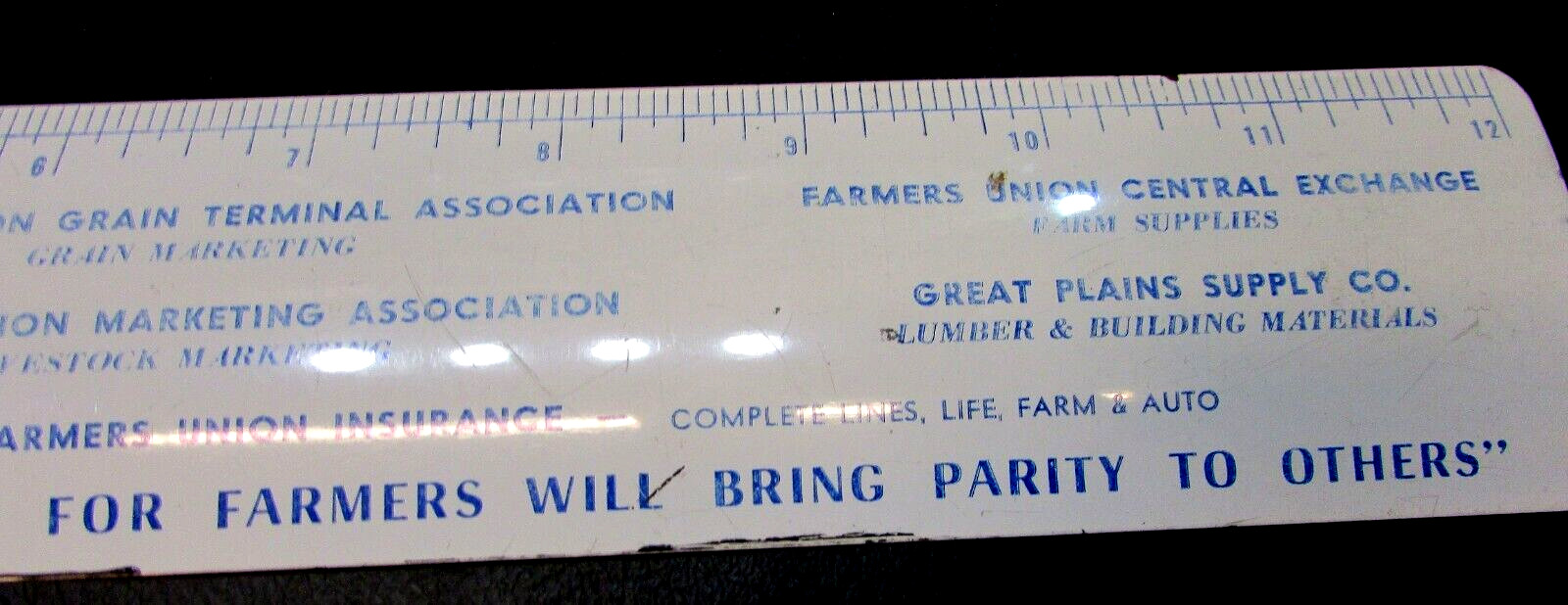 Vintage 1950&rsquo;s Minnesota Farmers Union Brand Names White Blue Metal 12&Prime; Ruler