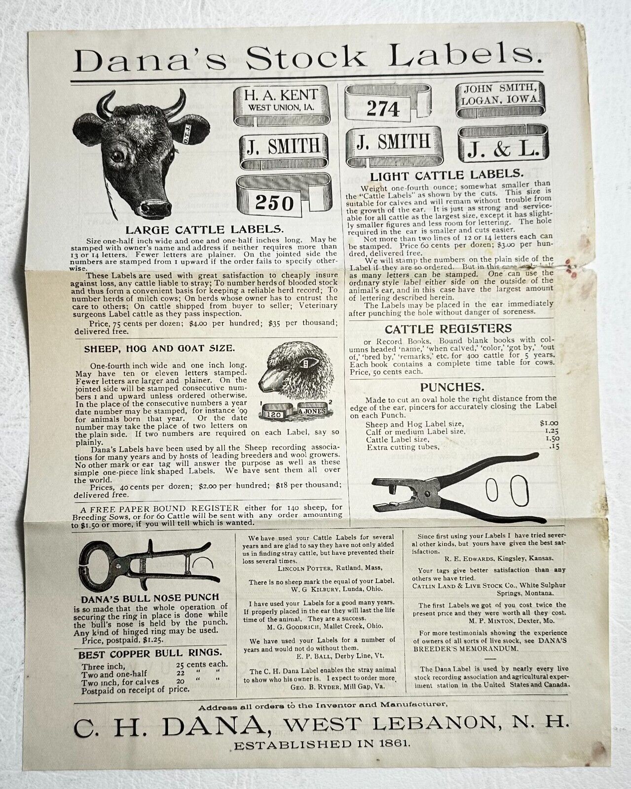 1900s R.H. Dana Stock Labels Catalog Breeder Memorandum Envelope WEST LEBANON NH