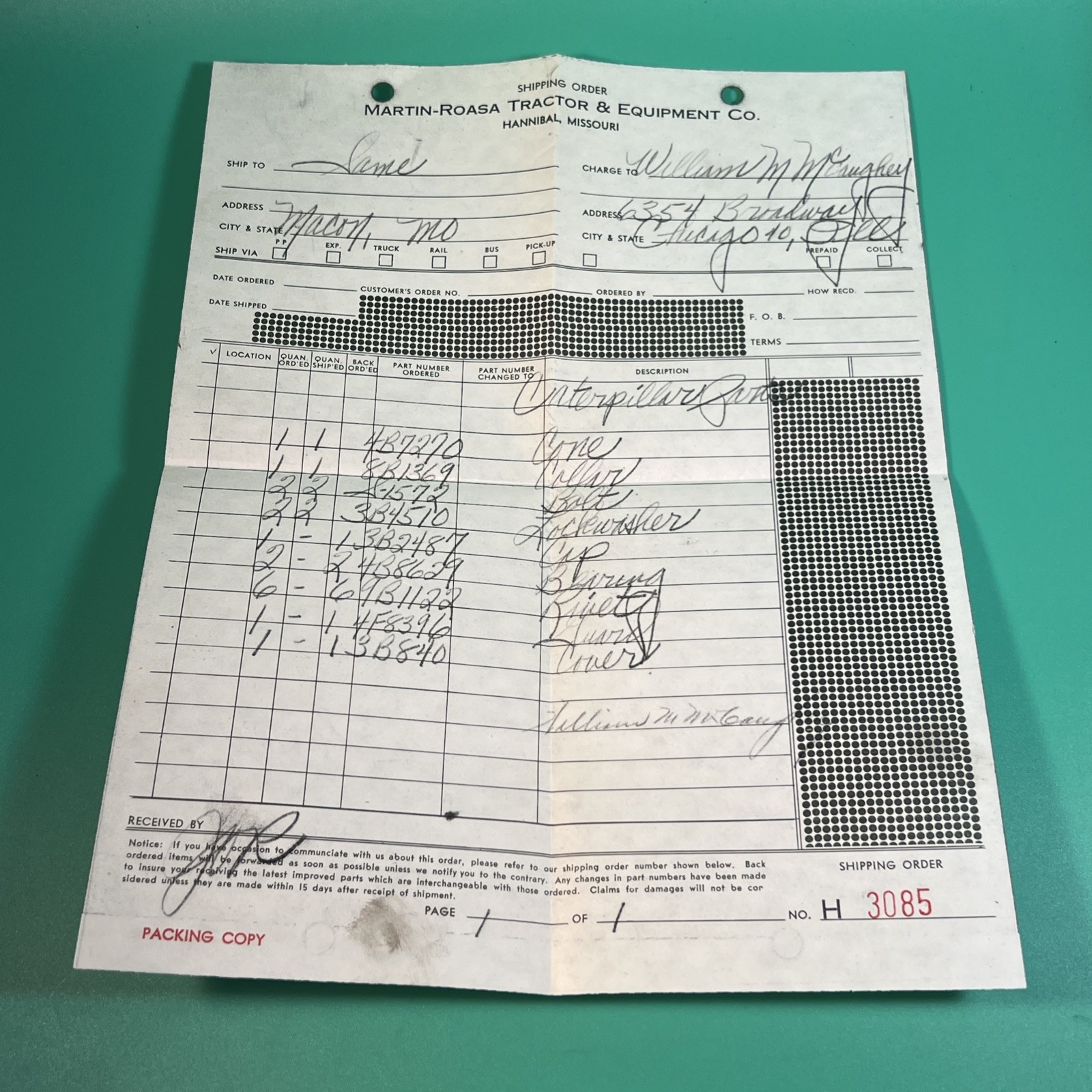 Vintage Hannibal, Missouri Martin-Roasa Tractor & Equipment Recipe