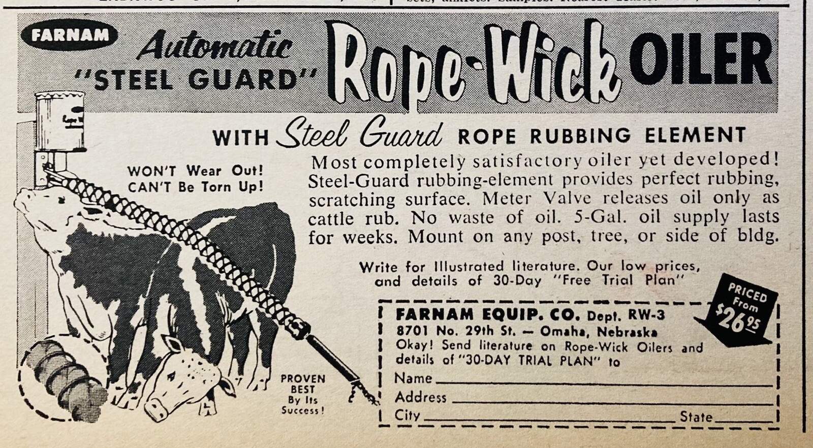 1961 AD.(XH76)~FARNAM EQUIPMENT CO. OMAHA, NEB. ROPE-WICK CATTLE OILER