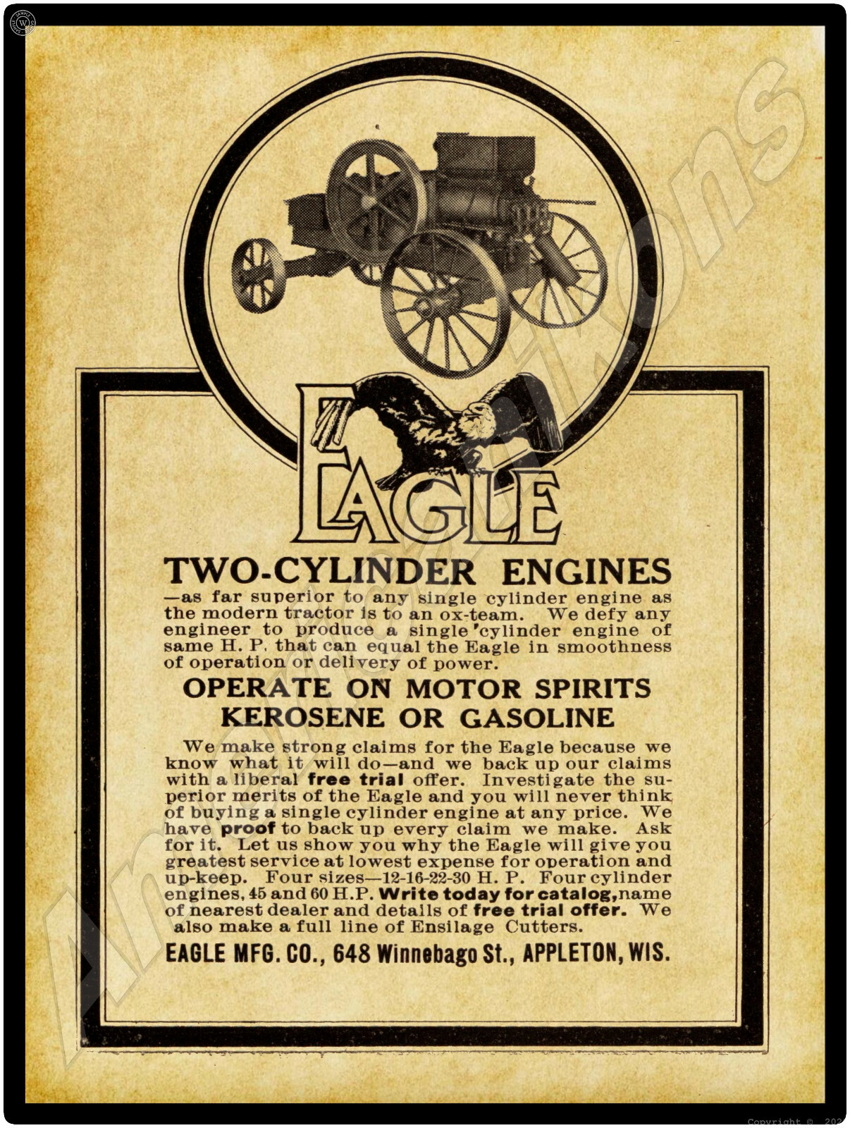 1914 Eagle Two Cylinder Gas Engines New Metal Sign: Appleton, Wisconsin