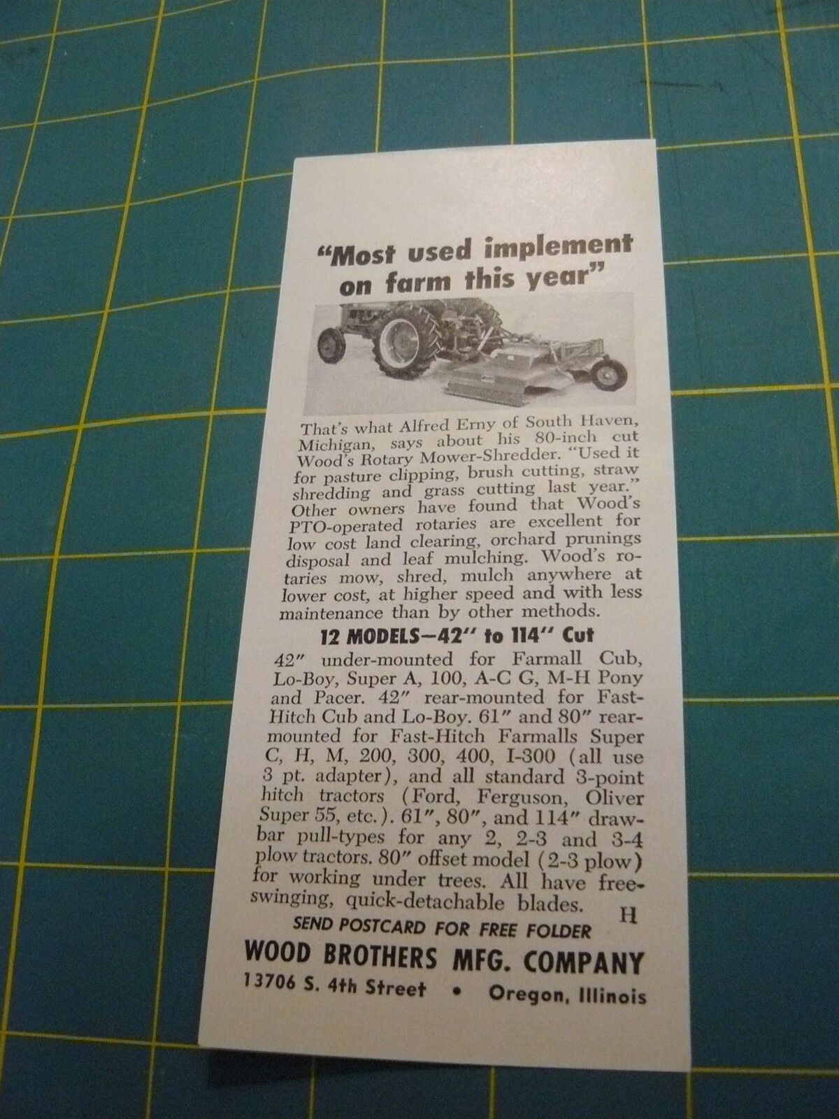 THE FARM QUARTERLY- SUMMER 1957-AD-WOOD BROS. ROTARY MOWER SHREDDER/ Oregon, ILL
