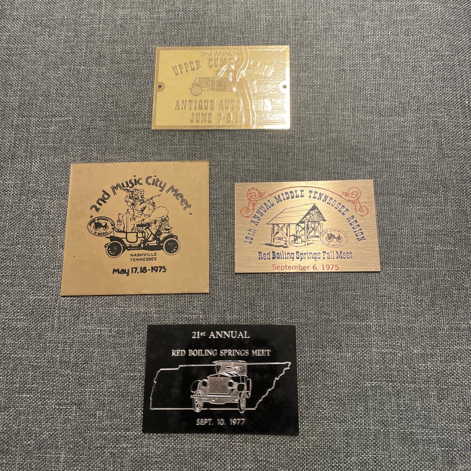 Vtg Metal Place cards For Antique Auto Tours 1973-77 Middle Tennessee Lot of 4