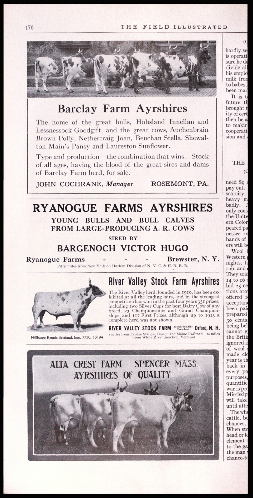 1915 AYRSHIRE Dairy Cows 4 Farm Ads from Penn., NH, NY, & Mass.