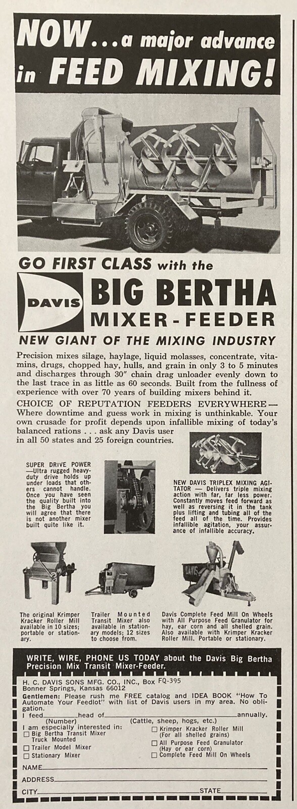 1965 AD.(XH27)~H.C. DAVIS MFG. CO. BONNER SPRINGS, KS. BIG BERTHA MIXER-FEEDER