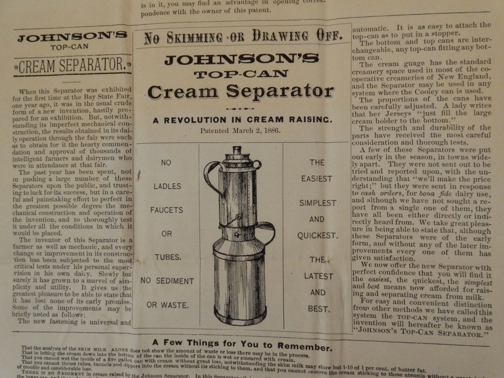 1887 JOHNSON&rsquo;s Top-Can DAIRY CREAMERY Cream Separator broadside WESTBORO MA milk