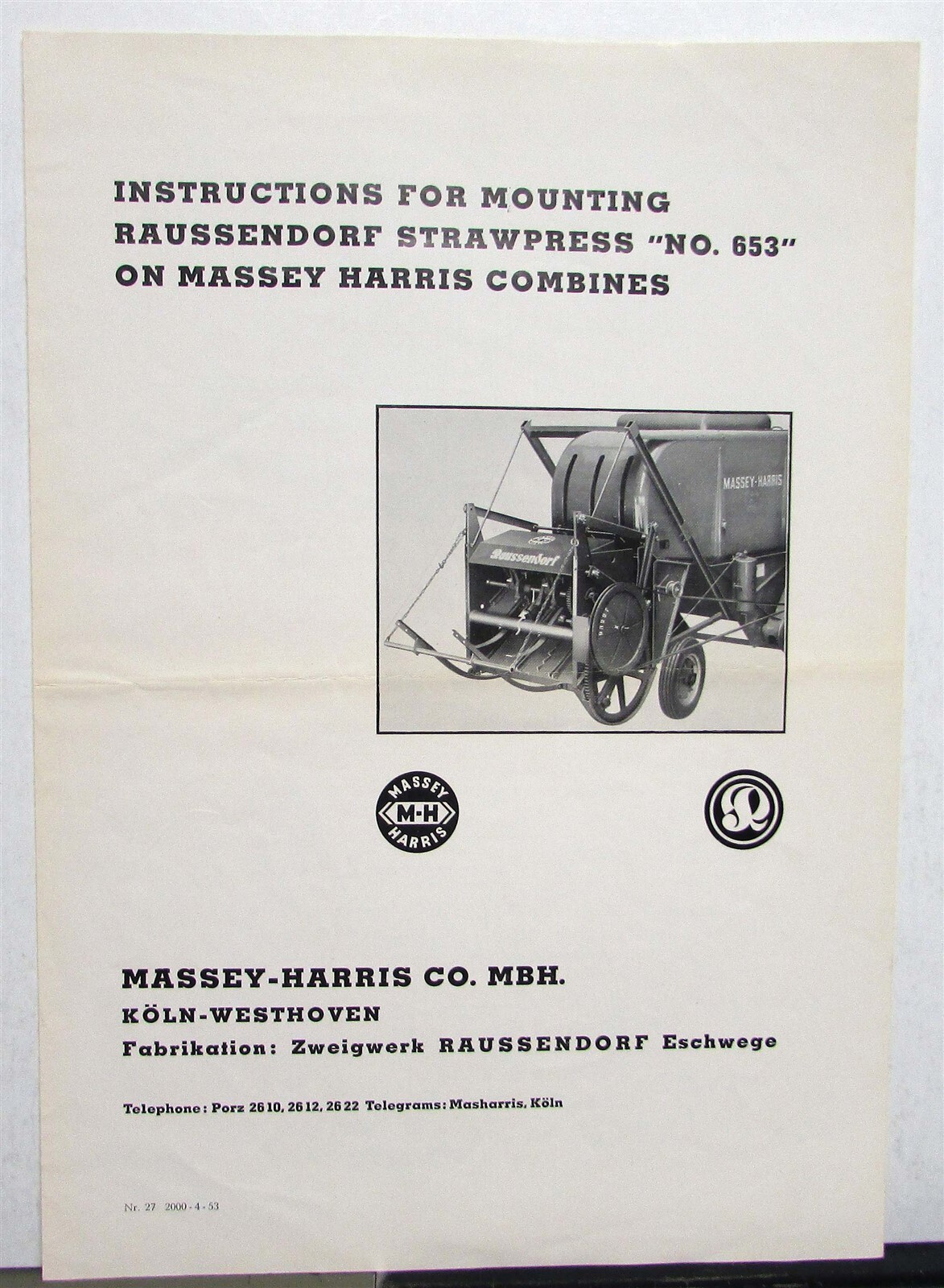 1953 Massey Harris Strawpress #653 Combines Specs Agricultural Sales Folder
