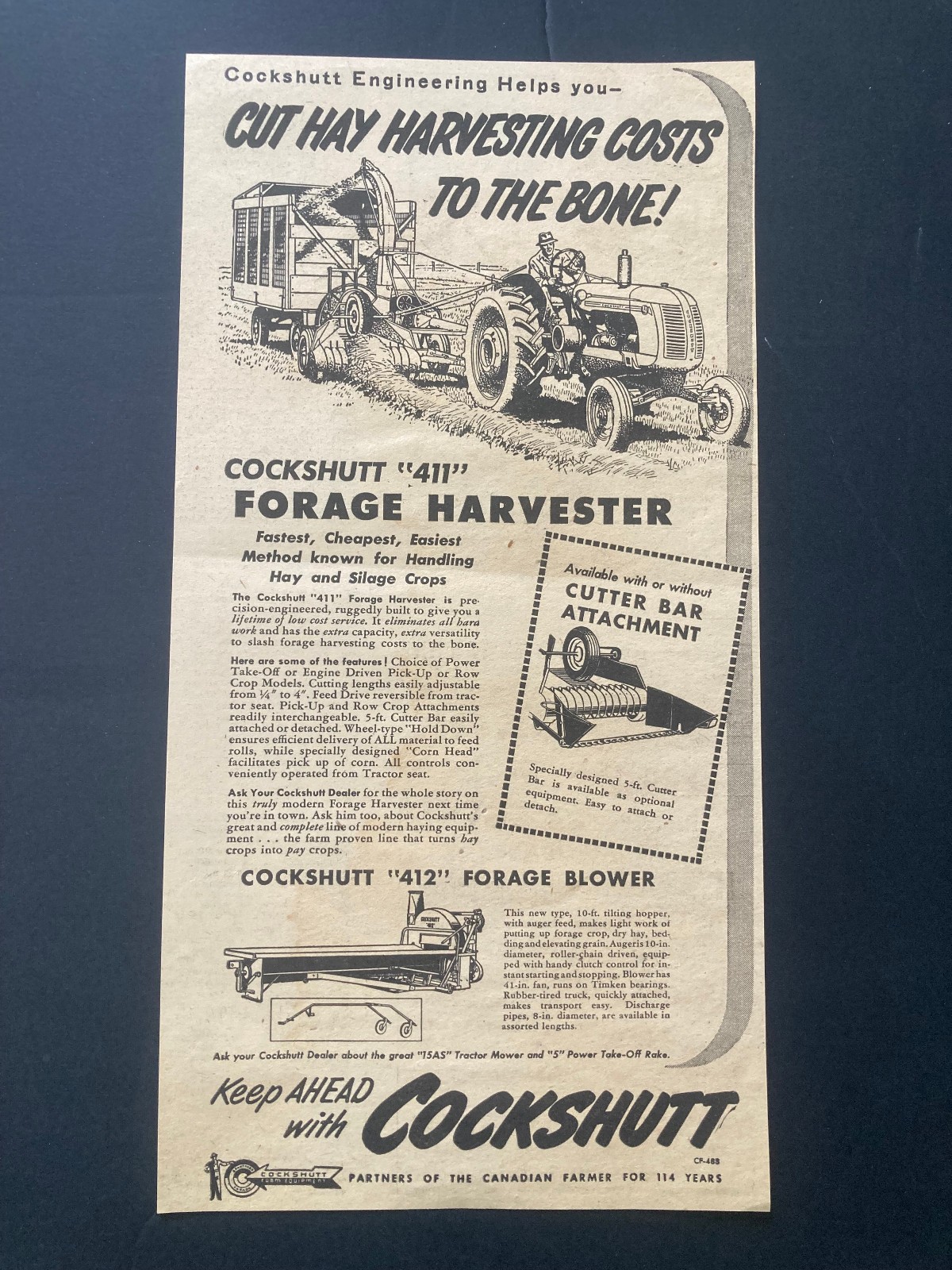 1953 CANADIAN COCKSHUTT TRACTOR AD CANADA MODEL 411 FORAGE HARVESTER