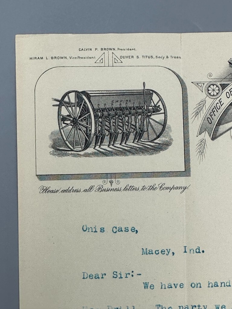 1895 EMPIRE GRAIN DRILL Farm Advertising Illustrated Letterhead Antique