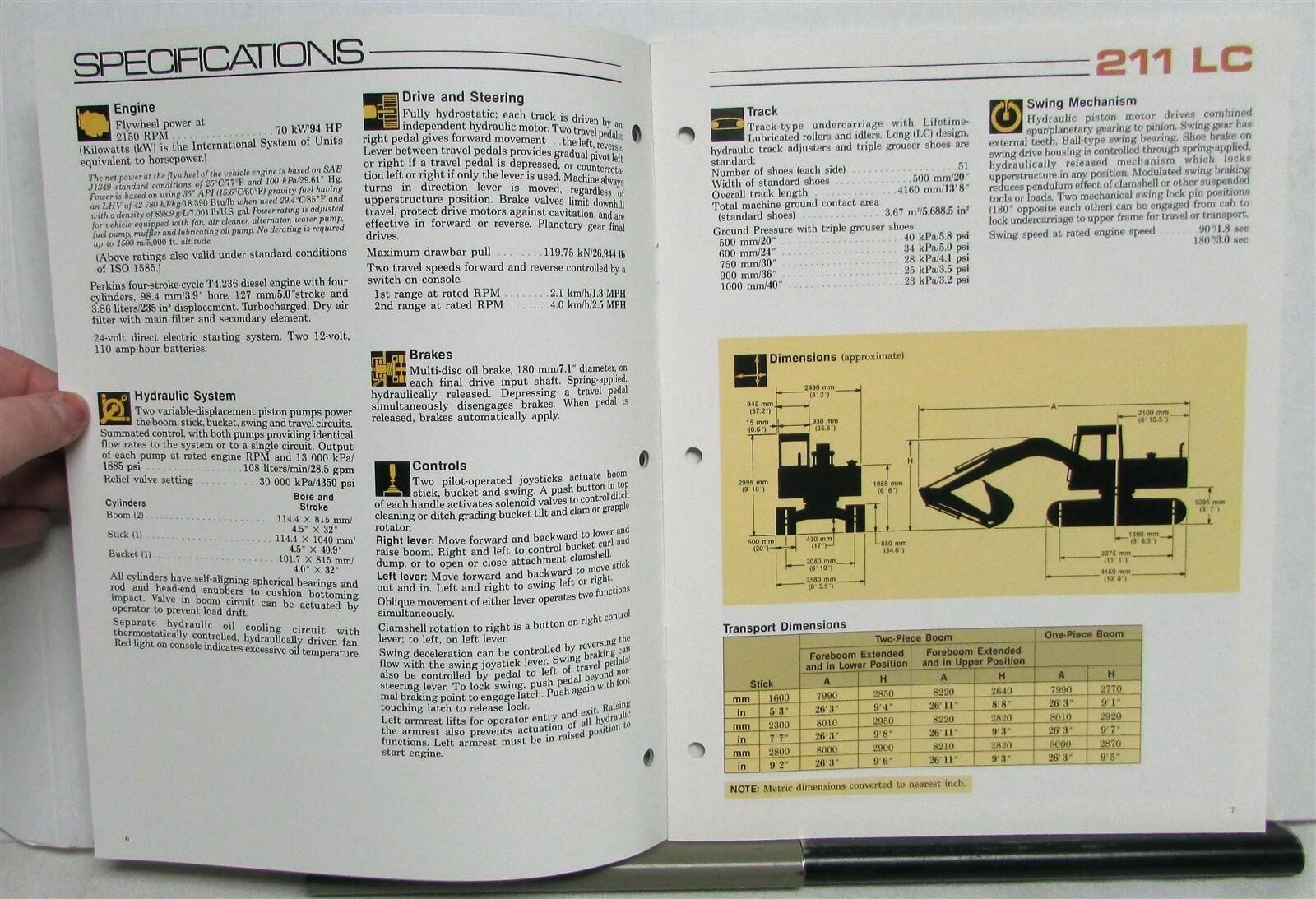 1989 Caterpillar 211 LC Excavator Construction Specs Sales Brochure