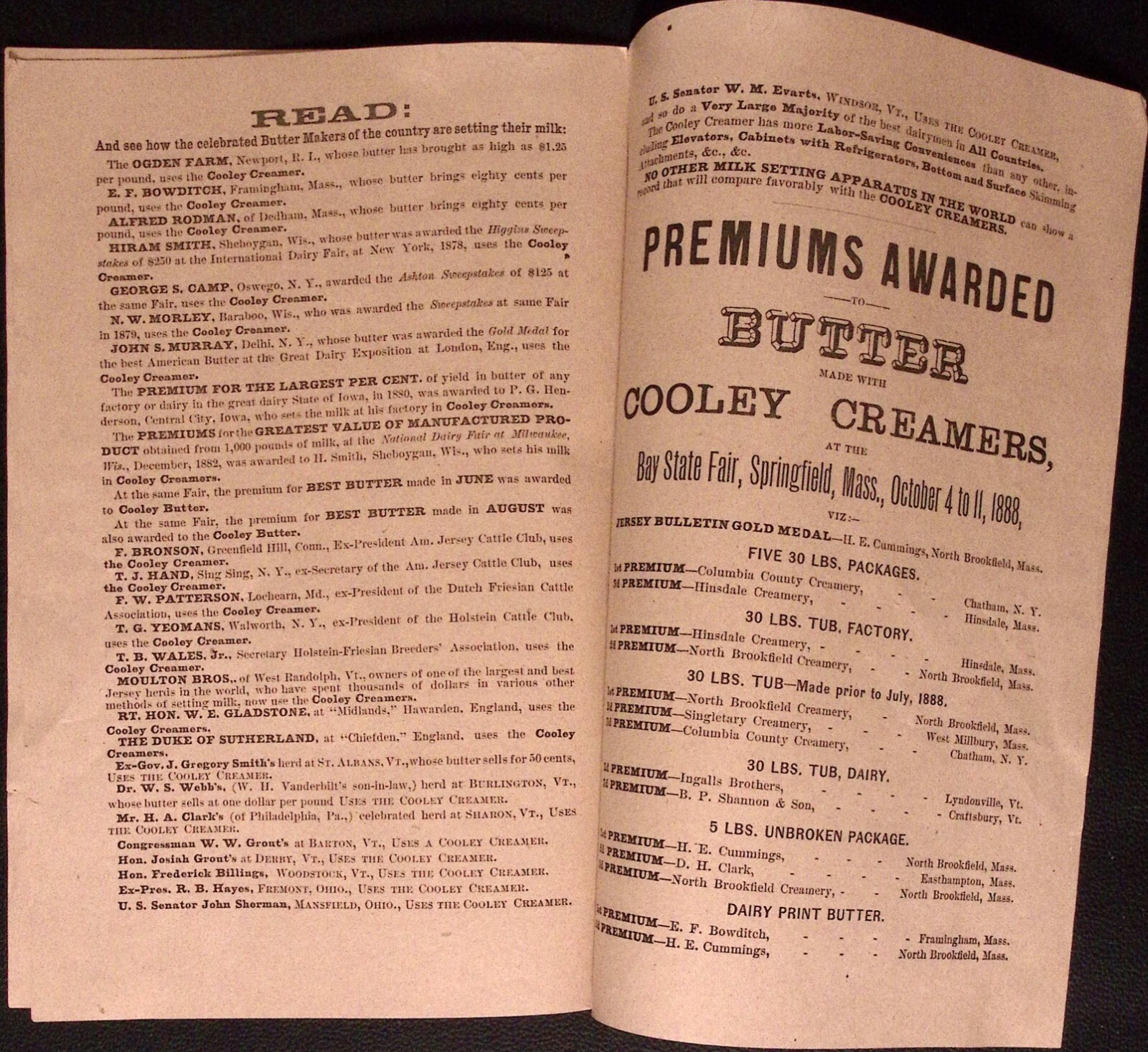 1887 The Cooley Creamer Vermont Farm Machine Co Bellows Falls VT Print Ad