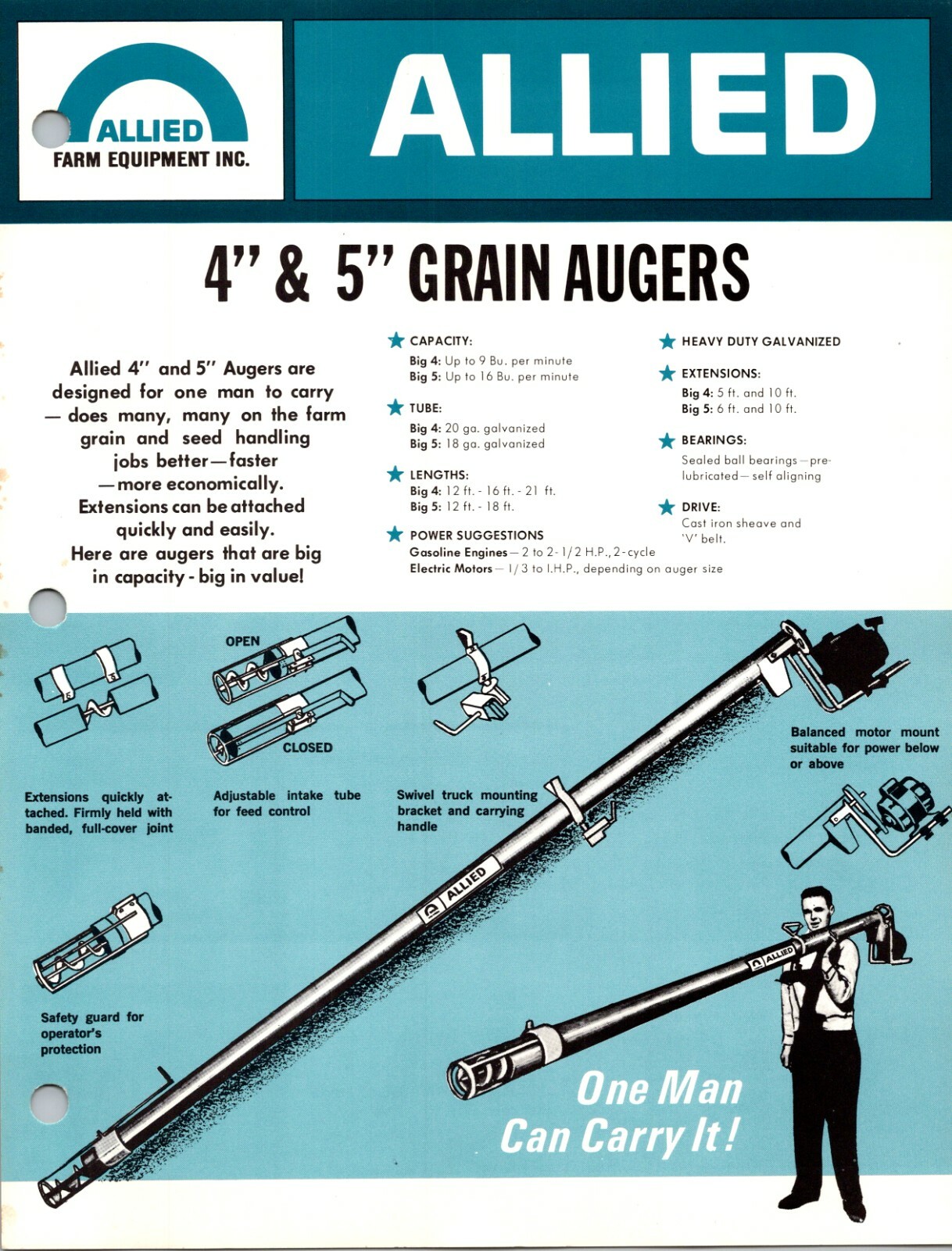 Vintage Allied 4&Prime; 5&Prime; Grain Augers Chicago IL Sales & Dealer Advertising Brochure