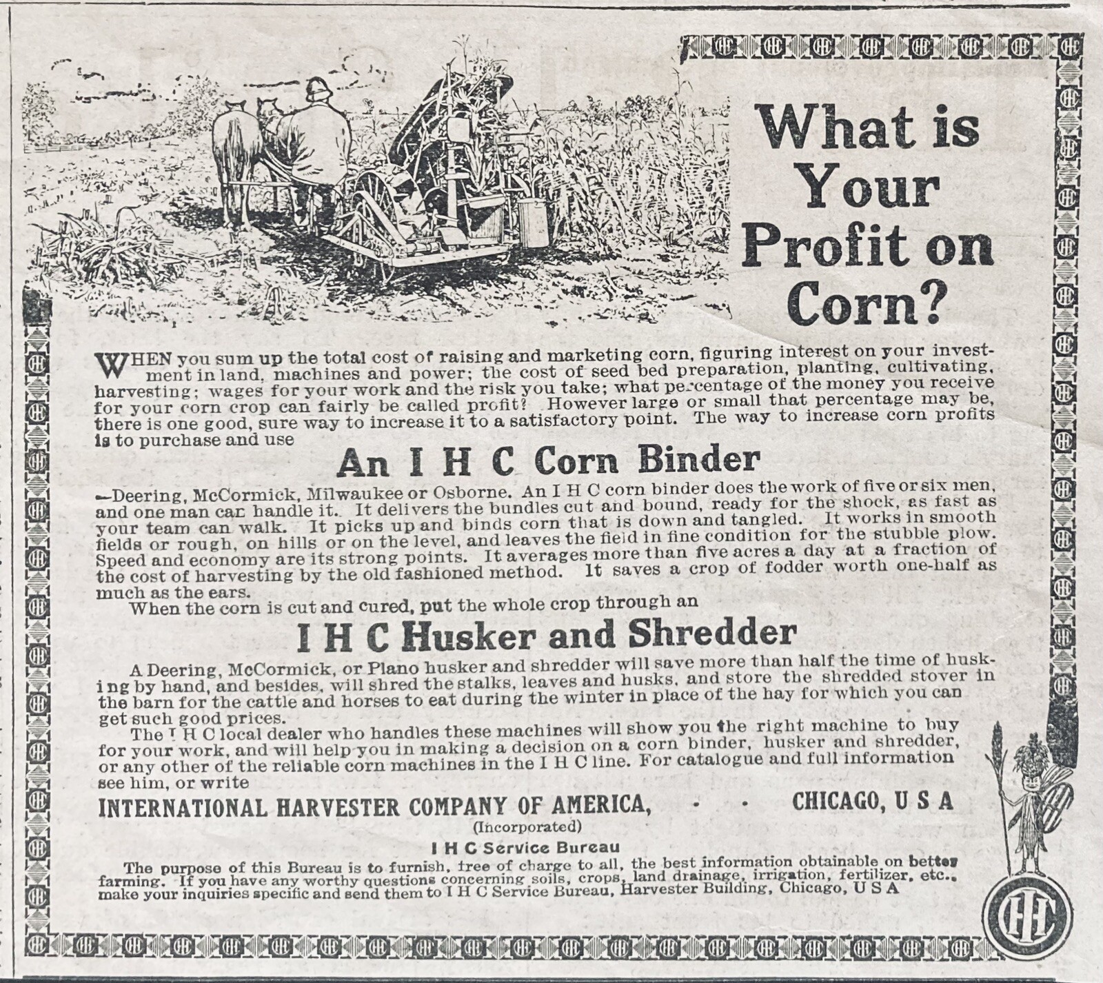 1912 AD.(XH64)~INTERNATIONAL HARVESTER CO. I H C CORN BINDER HUSKER SHREDDER