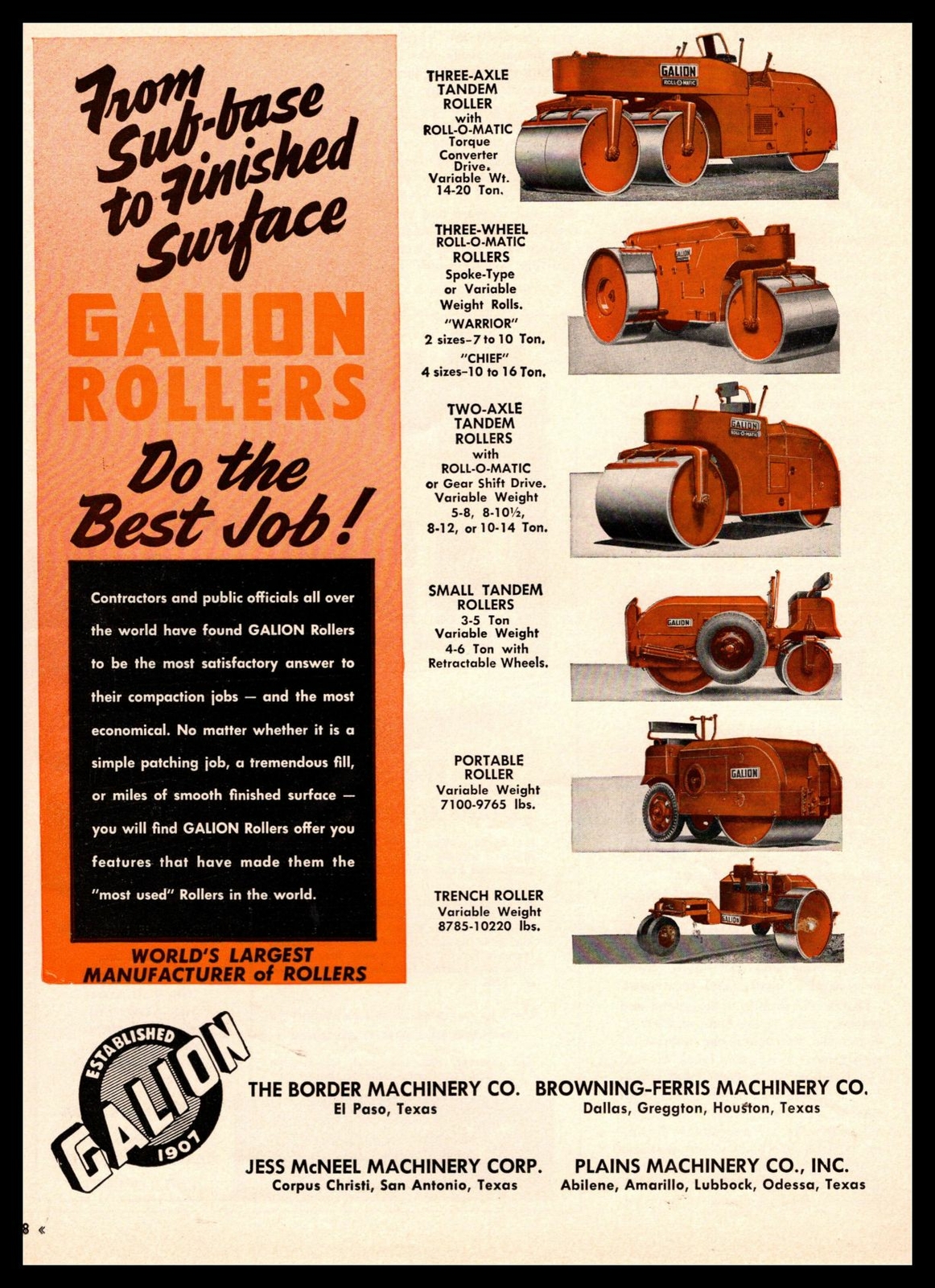 1957 Galion Roll-O-Matic Tandem Rollers Plains Machinery Odessa Texas Print Ad