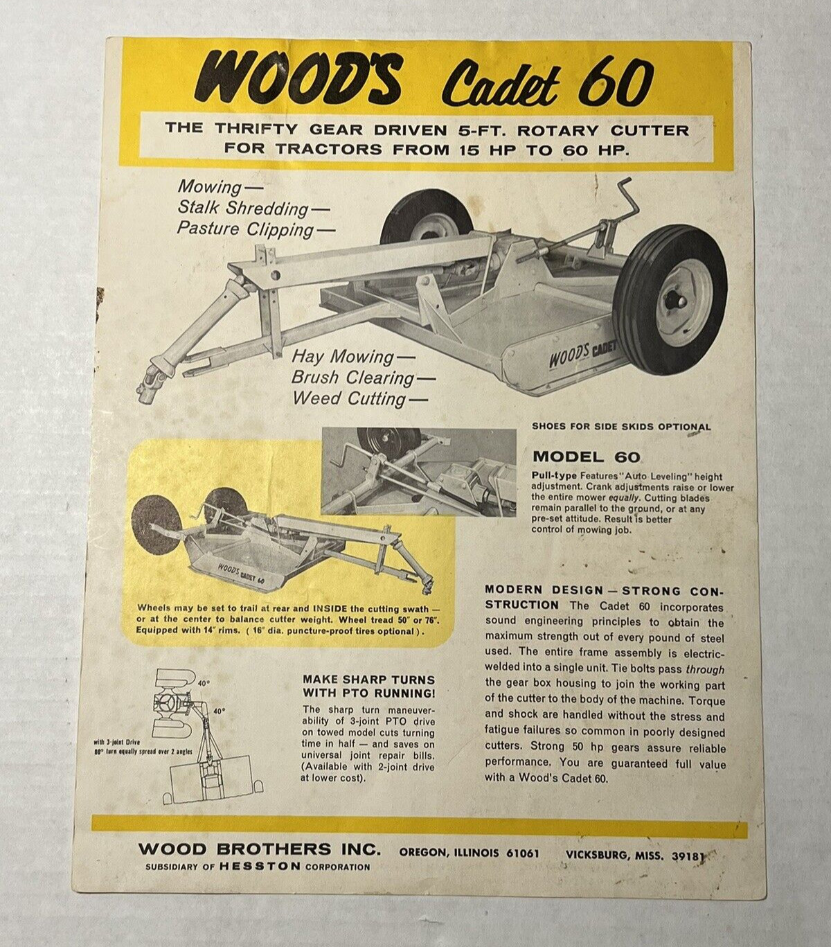 Wood Brothers (Hesston) Cadet 60 Rotary Cutter / Mower Dealer Sales Brochure