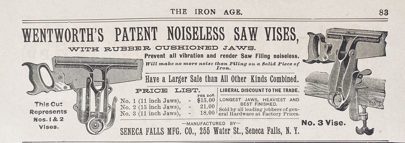1894 AD.(XH8)~SENECA FALLS MFG. CO. NY. WENTWORTH’S PATENT SAW VISES