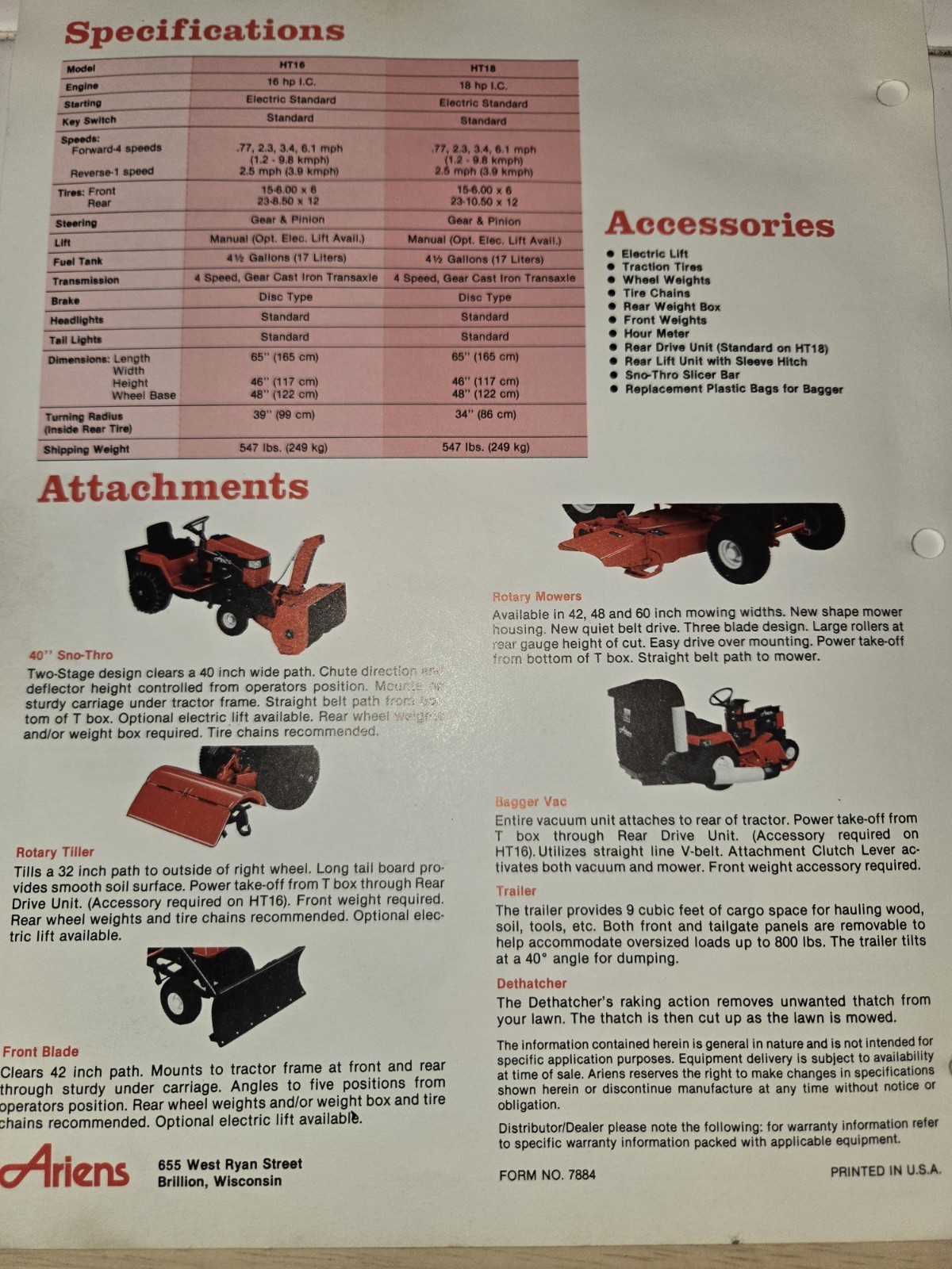 8 VINTAGE ARIENS DEALERSHIP ADVERTISING BROCHURES TILLERS TRACTORS RIDERS PUSH