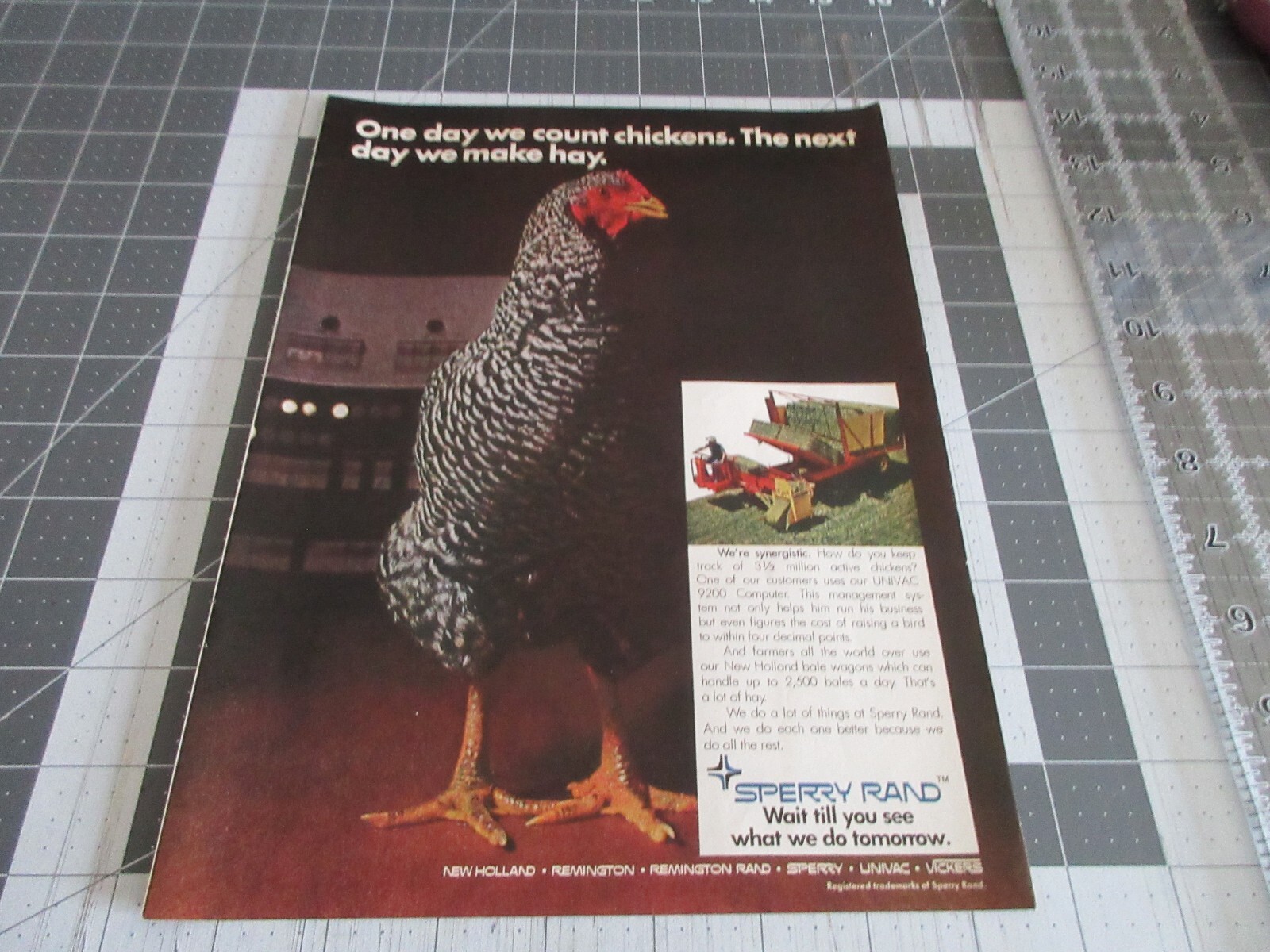 1970 Sperry Rand « One Day We Count Chickens. The Next Day We Make Hay » Print Ad