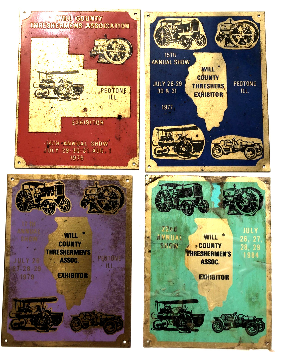 VTG 1976-1984 Will County Threshermen&rsquo;s Asso. Exhibitor Brass Plaque-Lot of 4