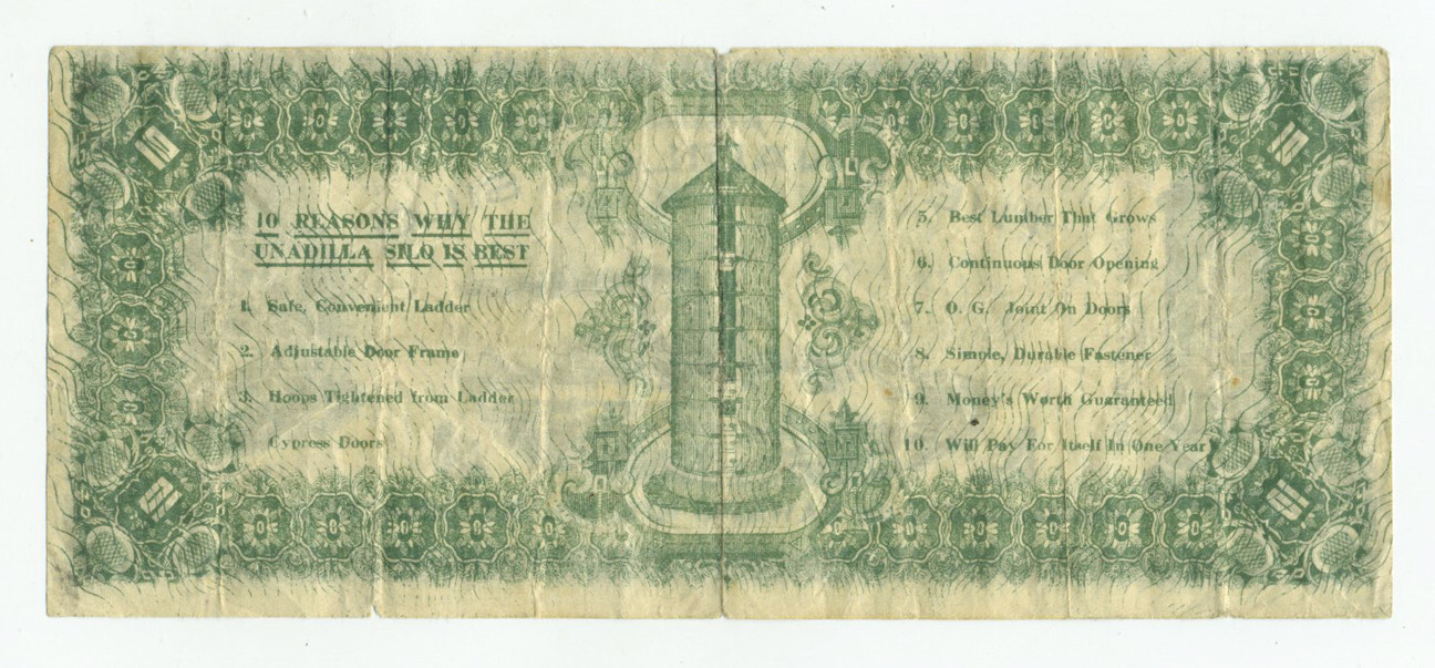 Early 1900s? Unadilla Silo $10 Bill Advertising Buck Unadilla, NY/Des Moines, IA