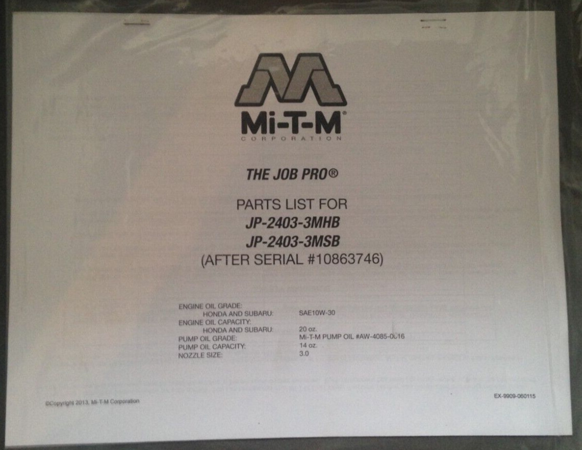 OEM Mi-T-M Job Pro Parts List JP-2403-3MHB JP-2403-3MSB After Serial #10863746