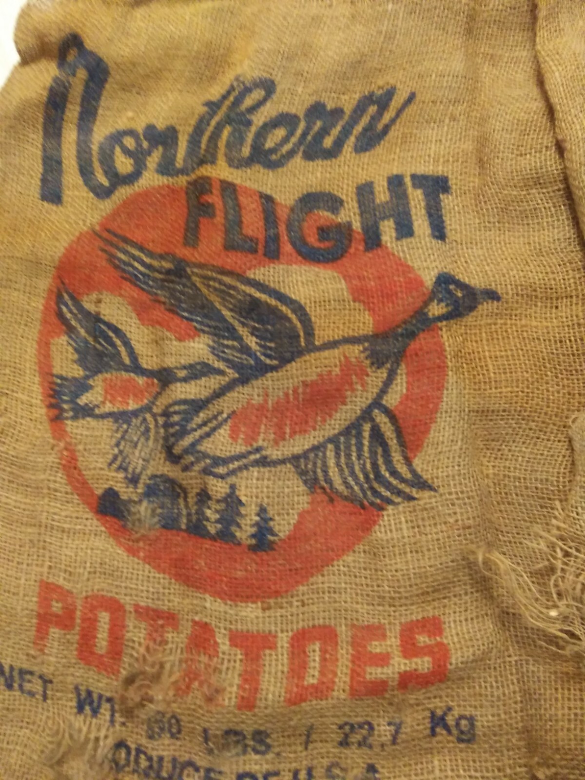 Vtg. (2) Minnesota Northern Flight Potato sacks burlap tattered torn 50 lbs