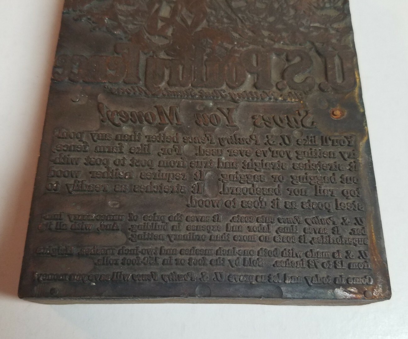 Rare 1930s Letterpress Printer&rsquo;s Block U S Poultry Fencing Indiana Steel Muncie