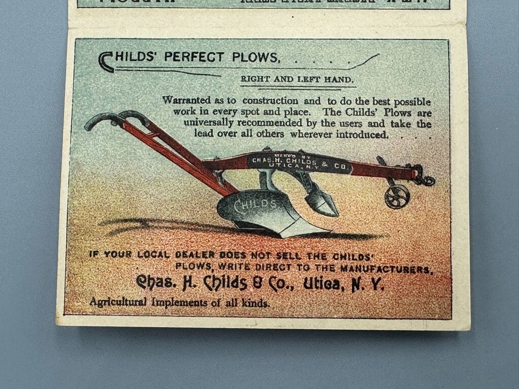1880s CHILDS Agricultural Implement FARM Plow CARRIAGE Advertse Trade Card UTICA