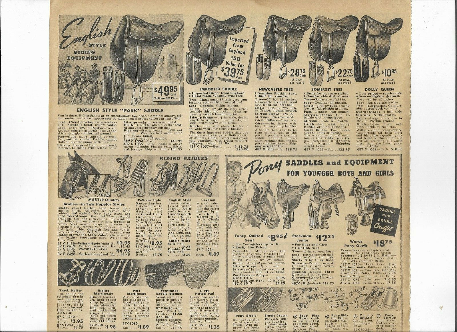 1938 Wards Catalog Ad Pages ENGLISH PARK SADDLE WESTERN BRIDLE PONY HORSE TANK
