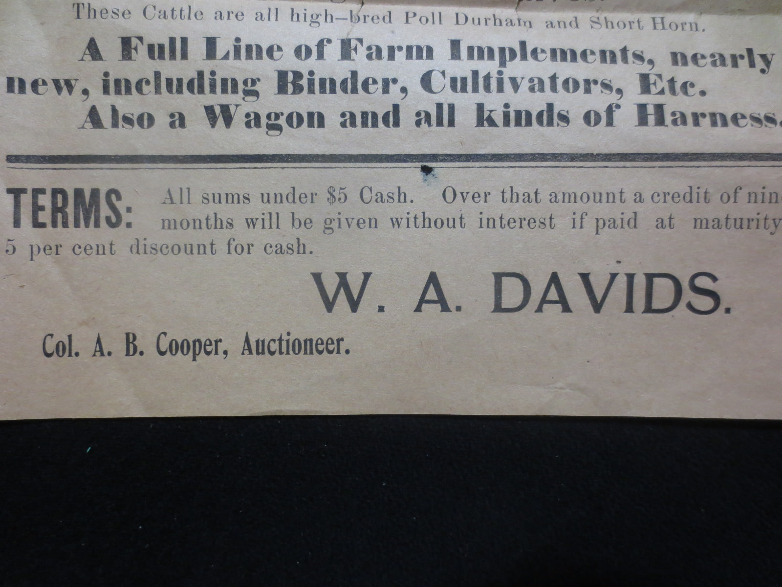 HUTSONVILLE ILLINOIS FARM AUCTION ADVERTISING BROADSIDE 1906 W.A. DAVIS OWNER