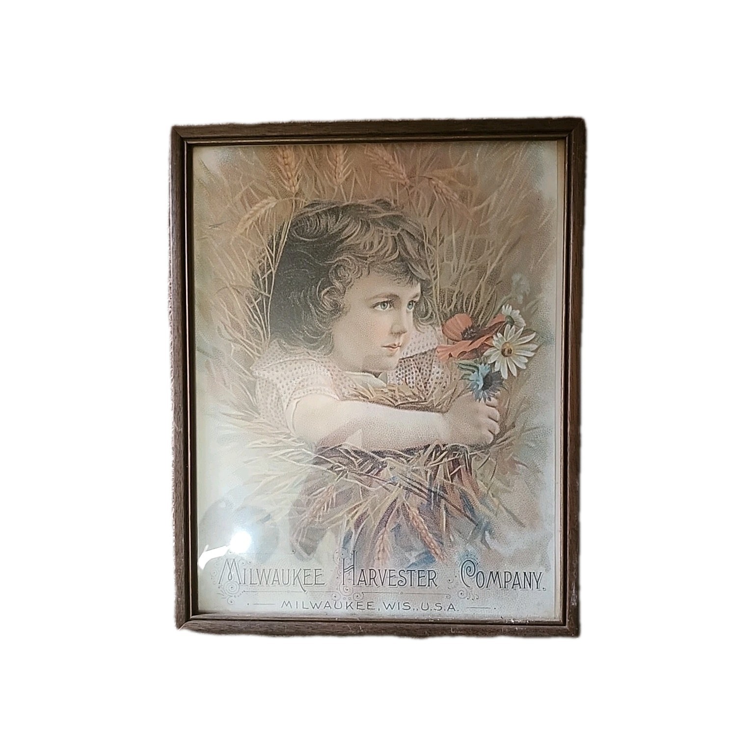 12×15 Framed Antique Ad ~ Milwaukee Harvester ~ Girl with Wheat and Flowers