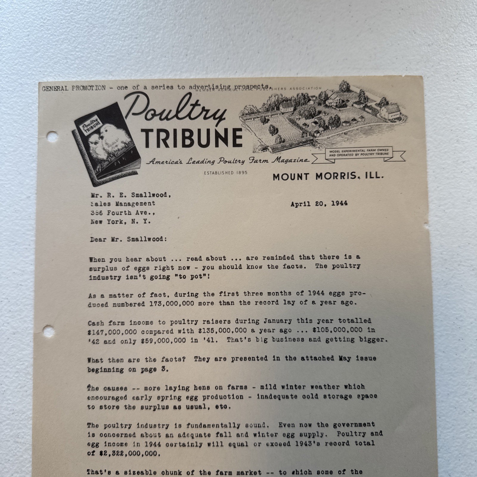 Poultry Tribune Poultry Farm Magazine Mount Morris Illinois 1944 Sales Letter