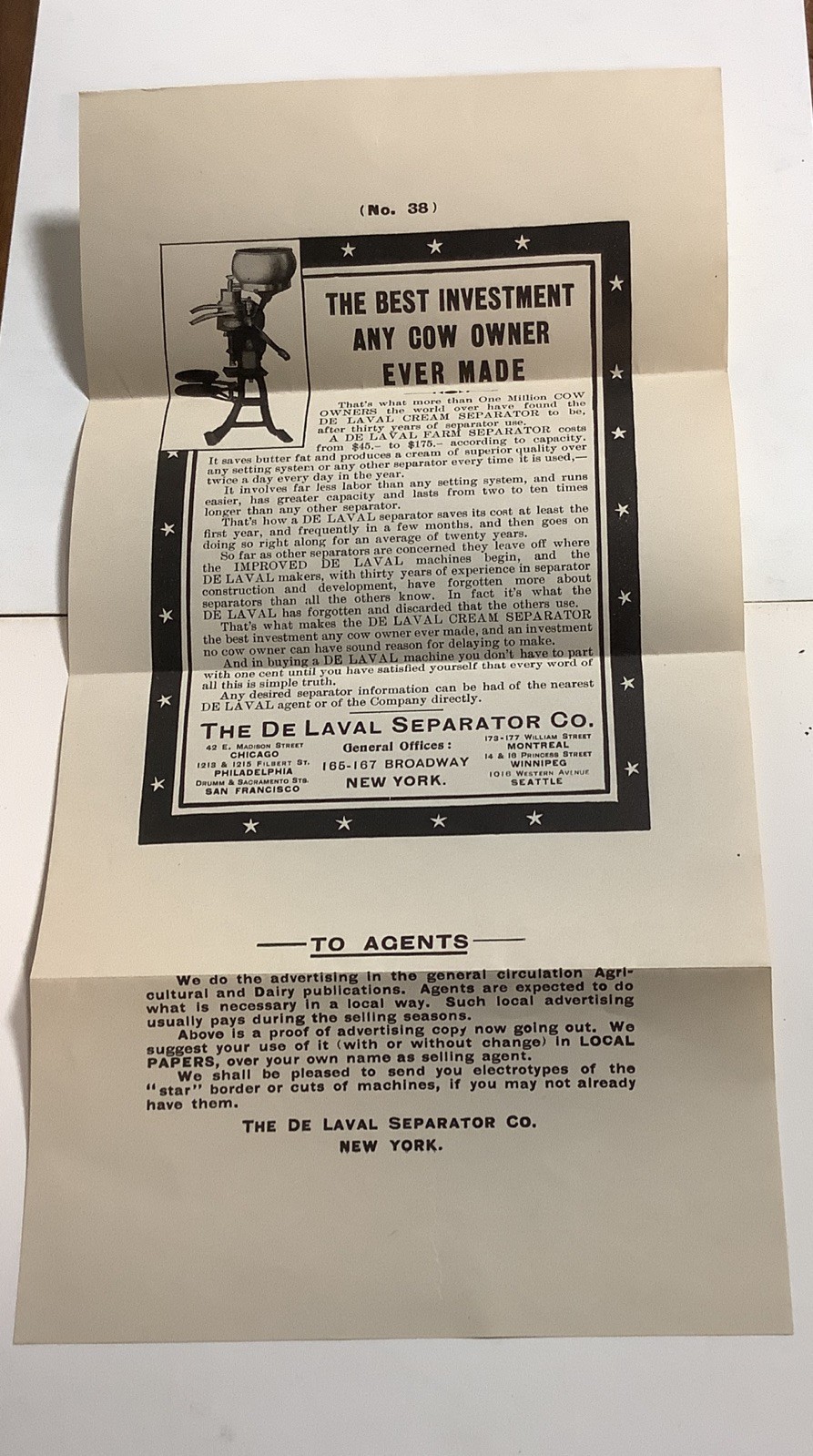 De Laval Separator Co NY Ads 38 & 40 Envelope 1909-FREE SHIPPING