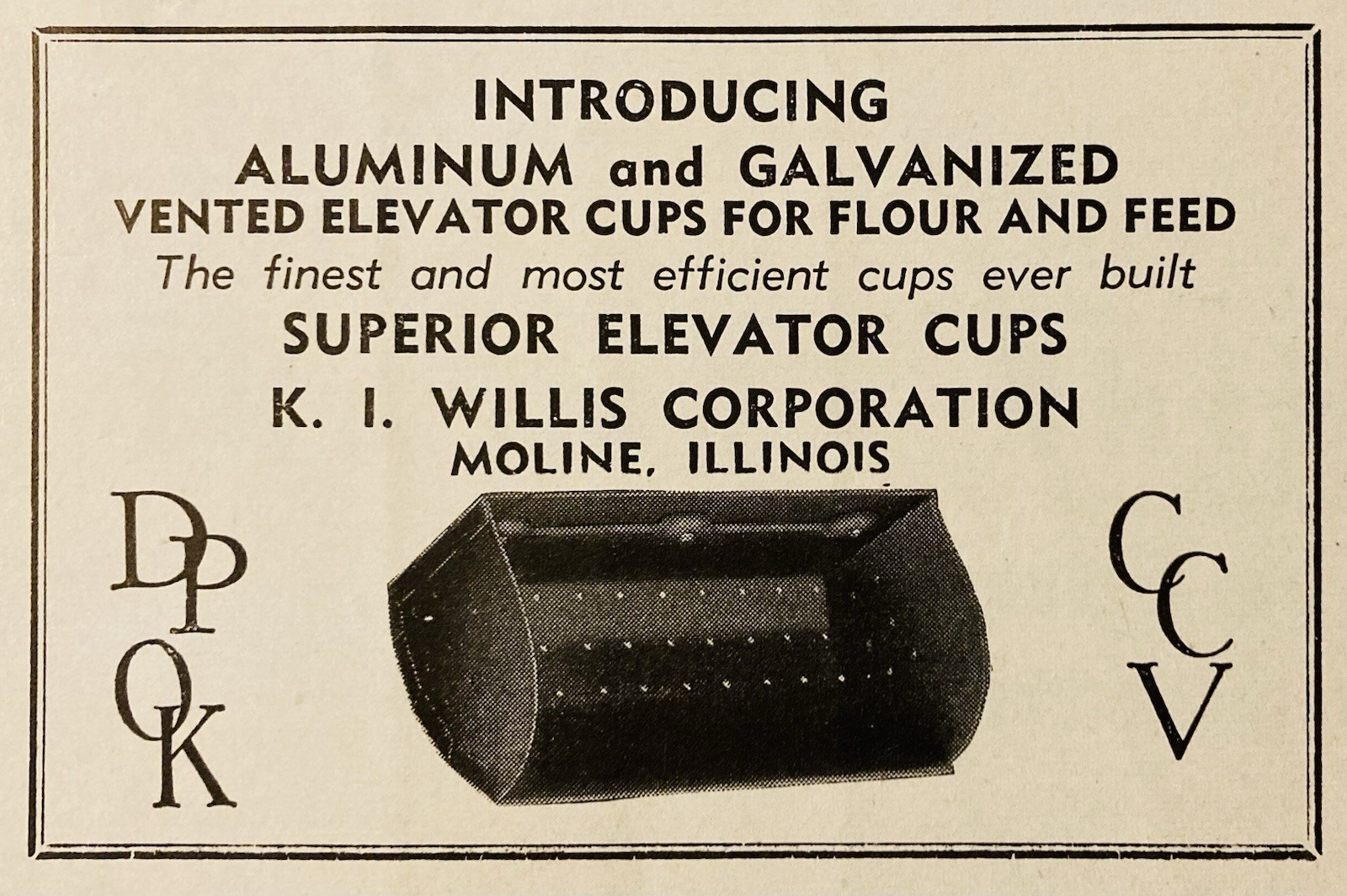 1957 AD.(XH84)~K.I. WILLIS CO. MOLINE, ILL. GALVANIZED VENTED ELEVATOR SEED CUPS