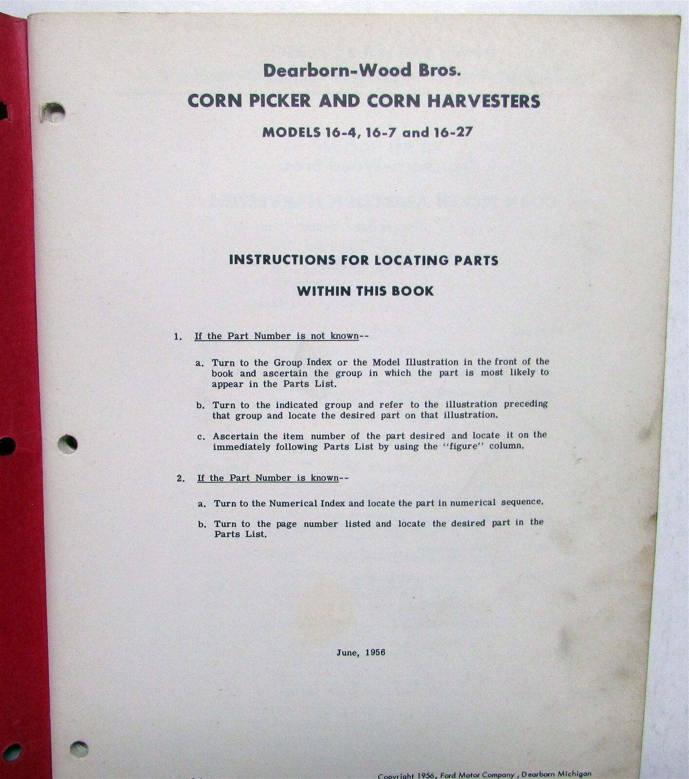 1956 Ford Corn Picker/Harvester Specs Diagrams Agriculture Sales Parts Book
