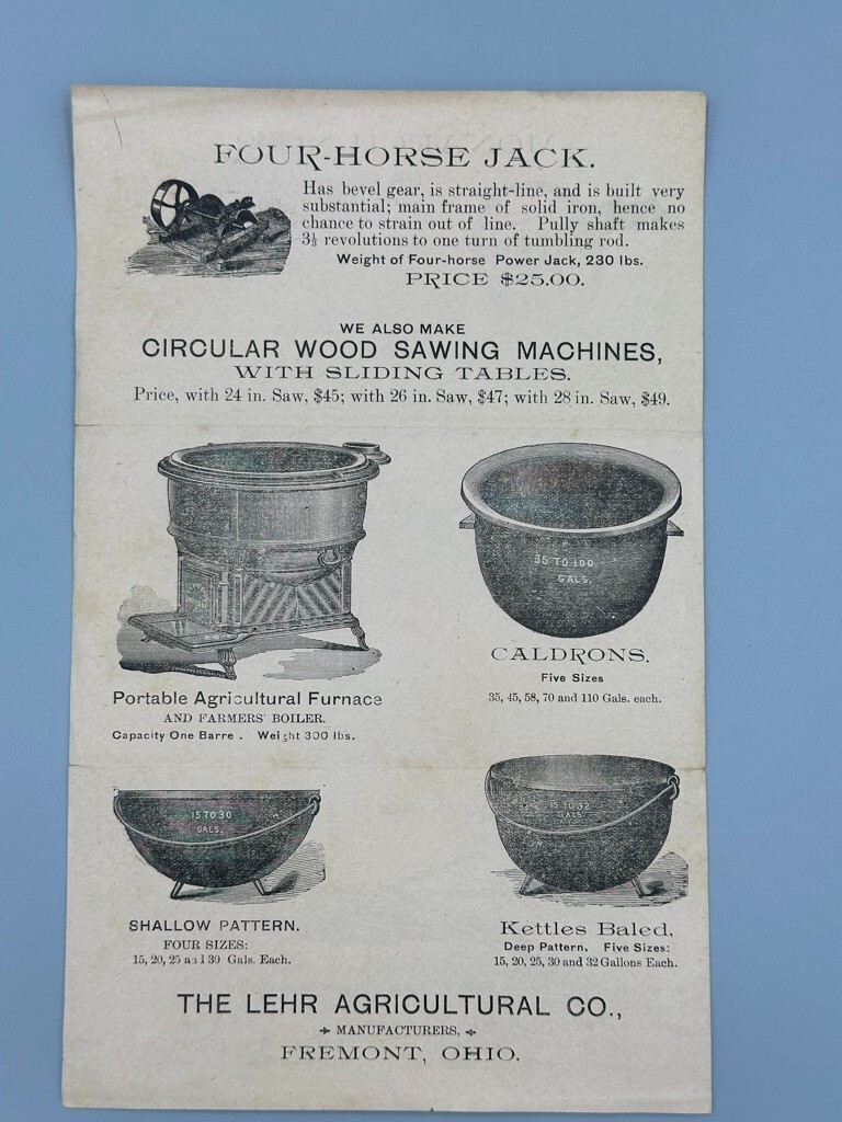 c 1900 Lehr Agricultural KETTLE CALDRON Cultivator Farm Advertising FREMONT OH