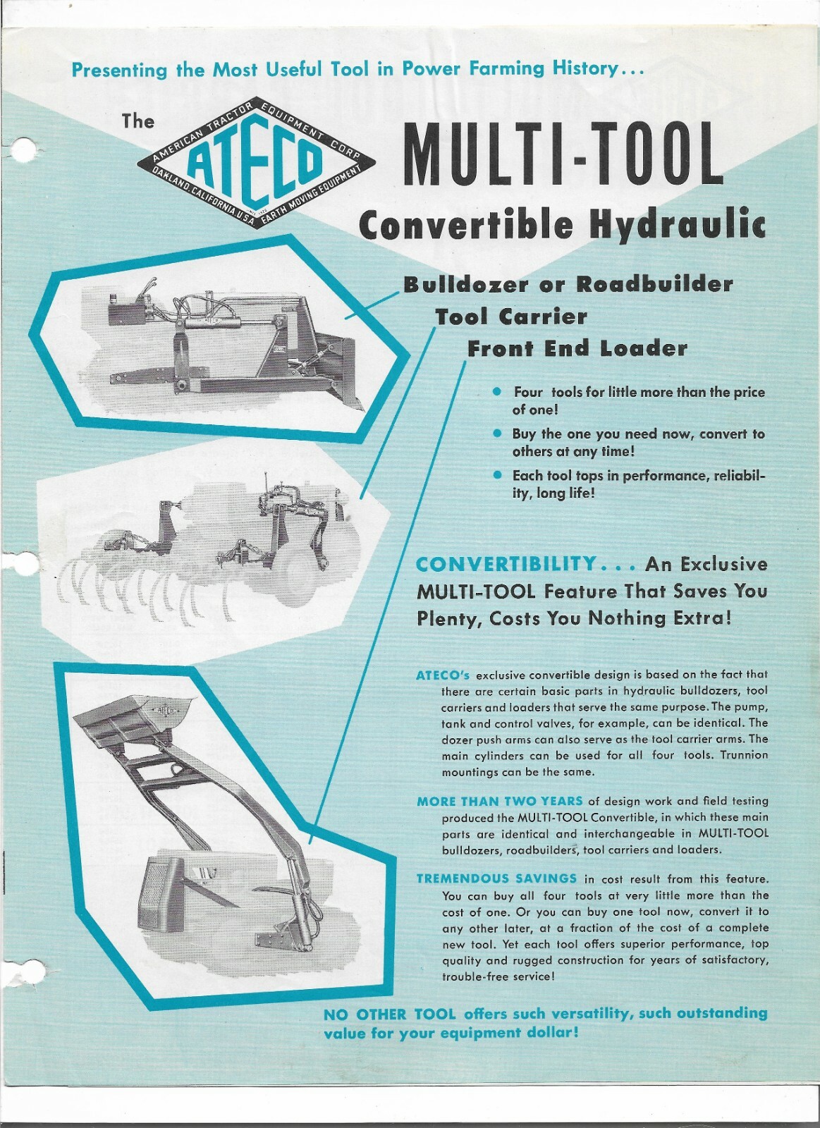 Original 10/1956 Ateco Multi-Tool Bulldozer Road Builder Loader Sales Brochure