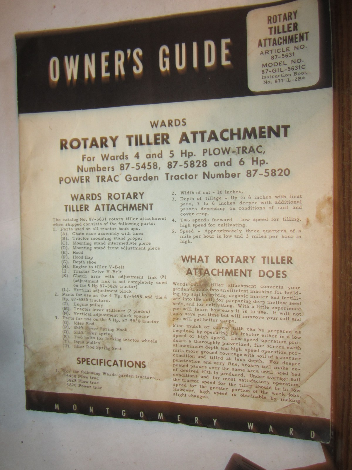 Vintage Wards ROTARY TILLER ATTACHMENTS Montgomery Ward Tractor Owner&rsquo;s Guide