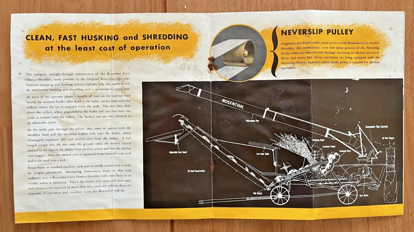 1950 Rosenthal Corn Husker model 40 & 4-20 sales brochure w/letter Milwaukee WI