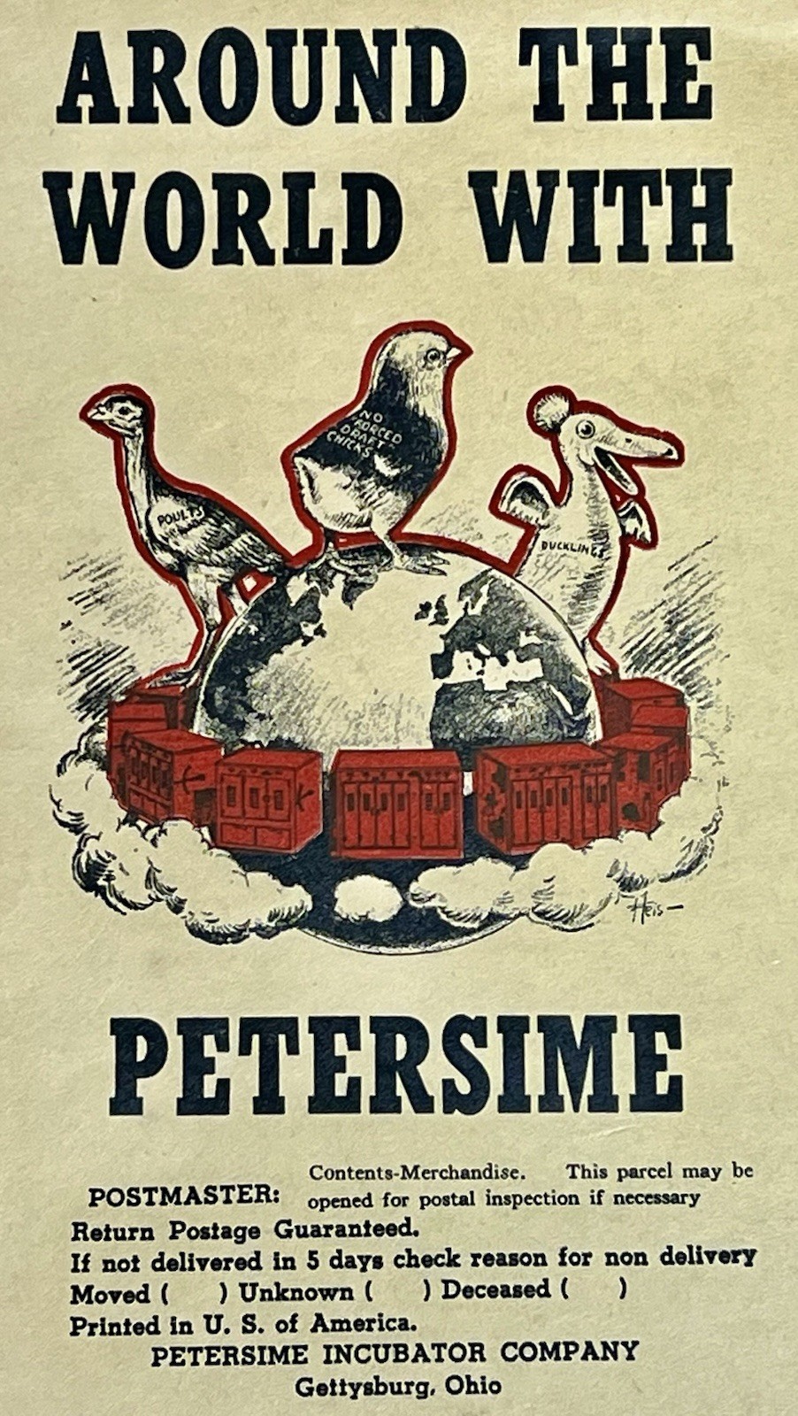 VINTAGE 1946 PETERSIME INCUBATOR SALES PRICE BROCHURE ENVELOPE GETTYSBURG OHIO