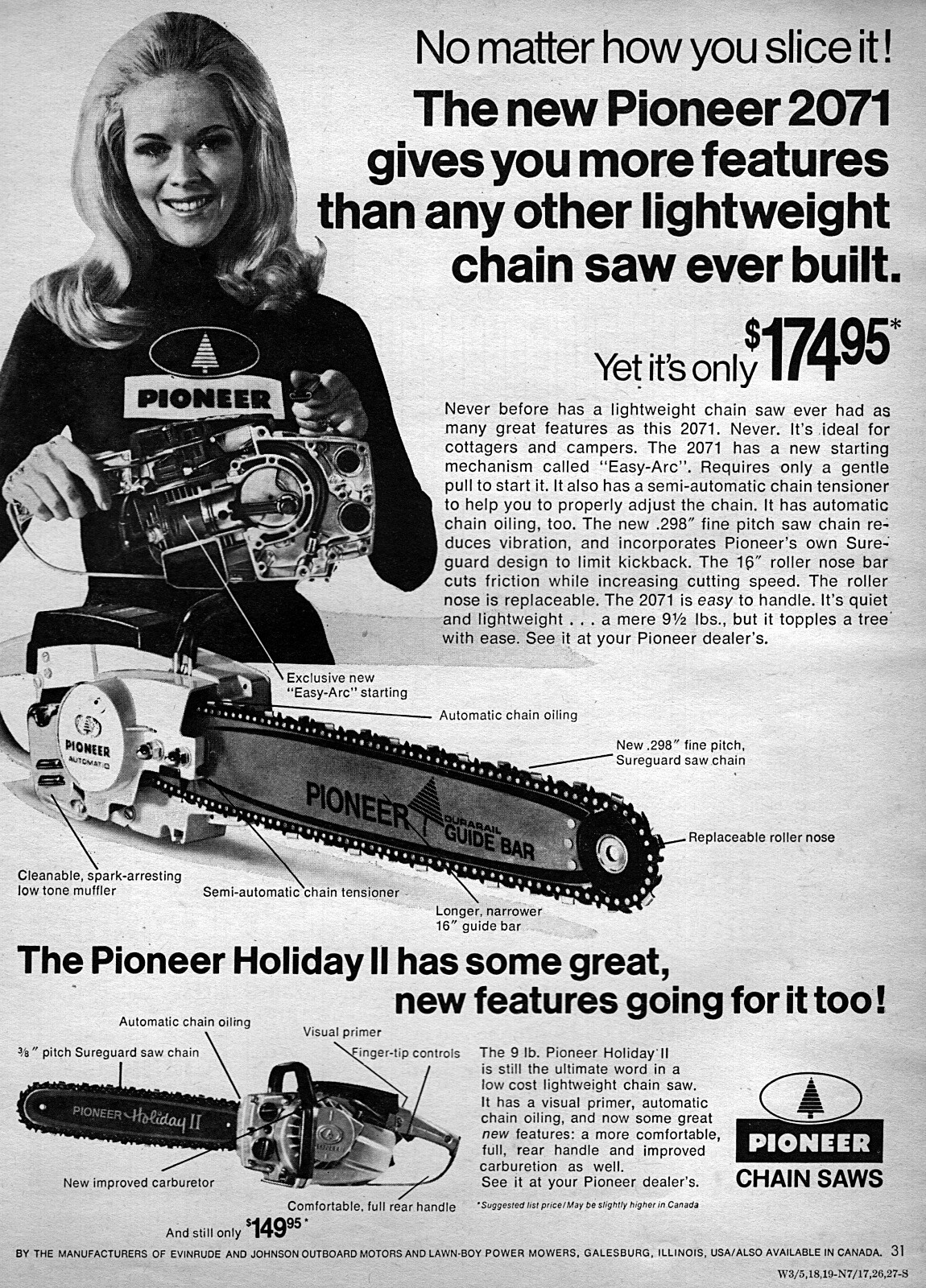 1970 Pioneer 2071 Chainsaw Original Ad