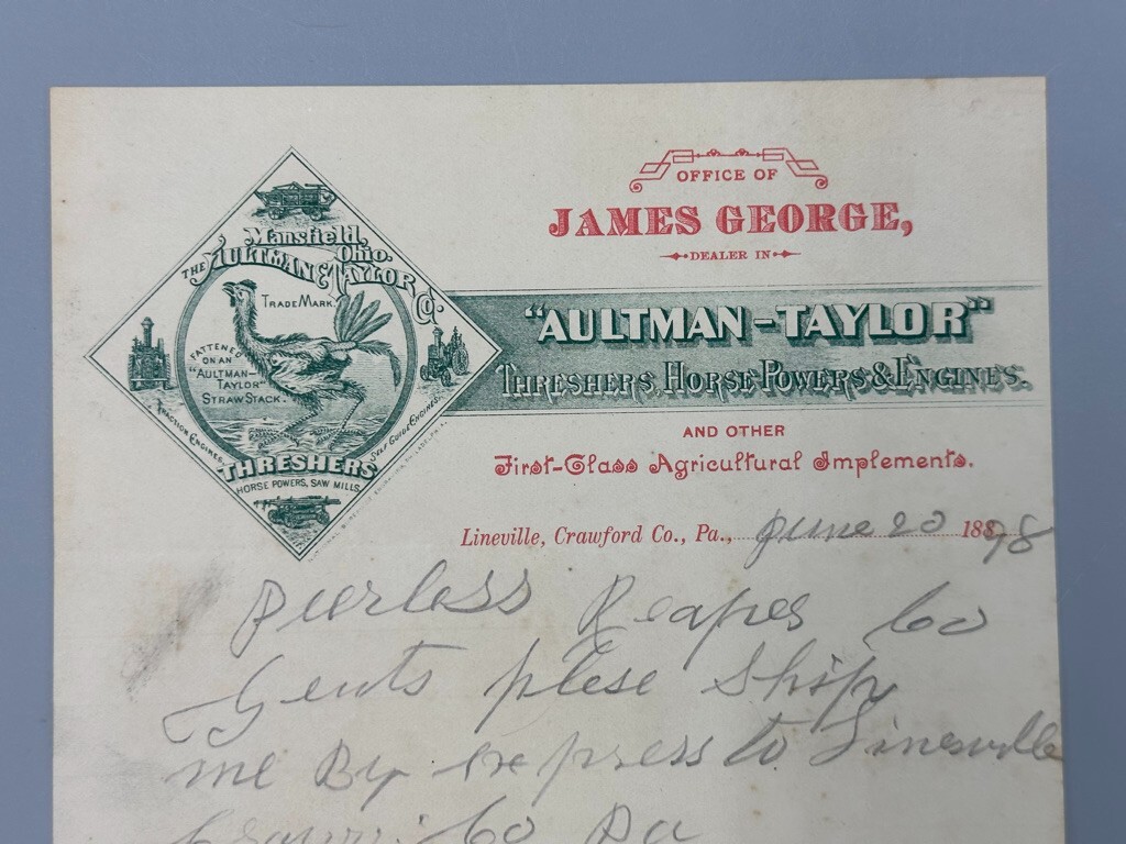 1898 AULTMAN TAYLOR THRESHER Antique FARM Advertise Letter LINEVILLE PA Crawford
