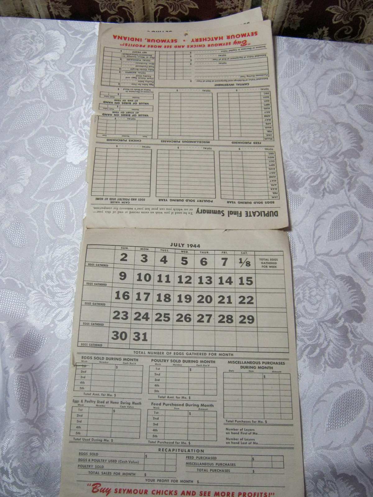 SEYMOUR CHICKS 1944 PROFIT RECORD 1940&rsquo;S VIntage Farming Adv Brochure Calendar