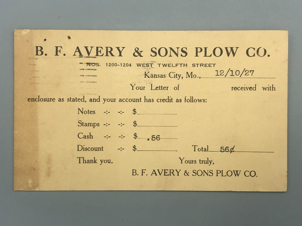 1922-1935 B F AVERY PLOWS Letter POSTCARD Receipt FARM Advertising Vintage