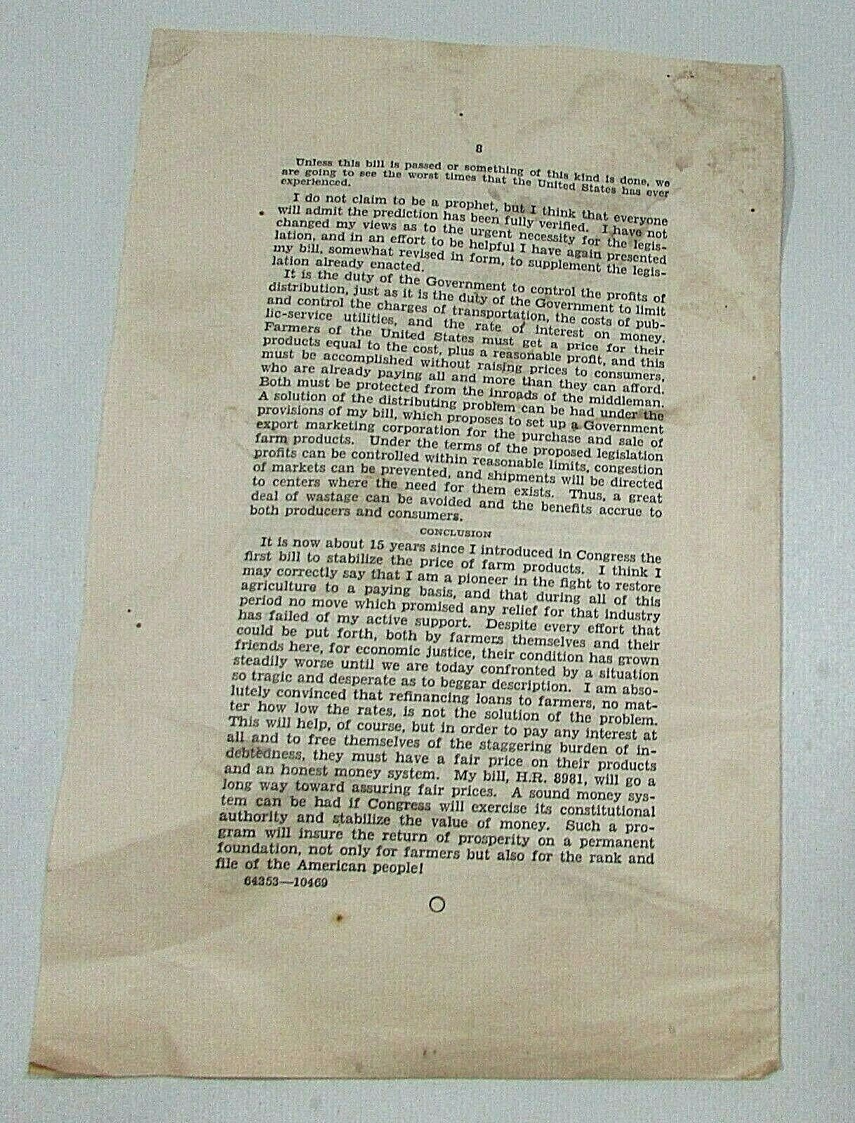 1934 Government Marketing Agriculture James Sinclair US House Remarks FREE S/H