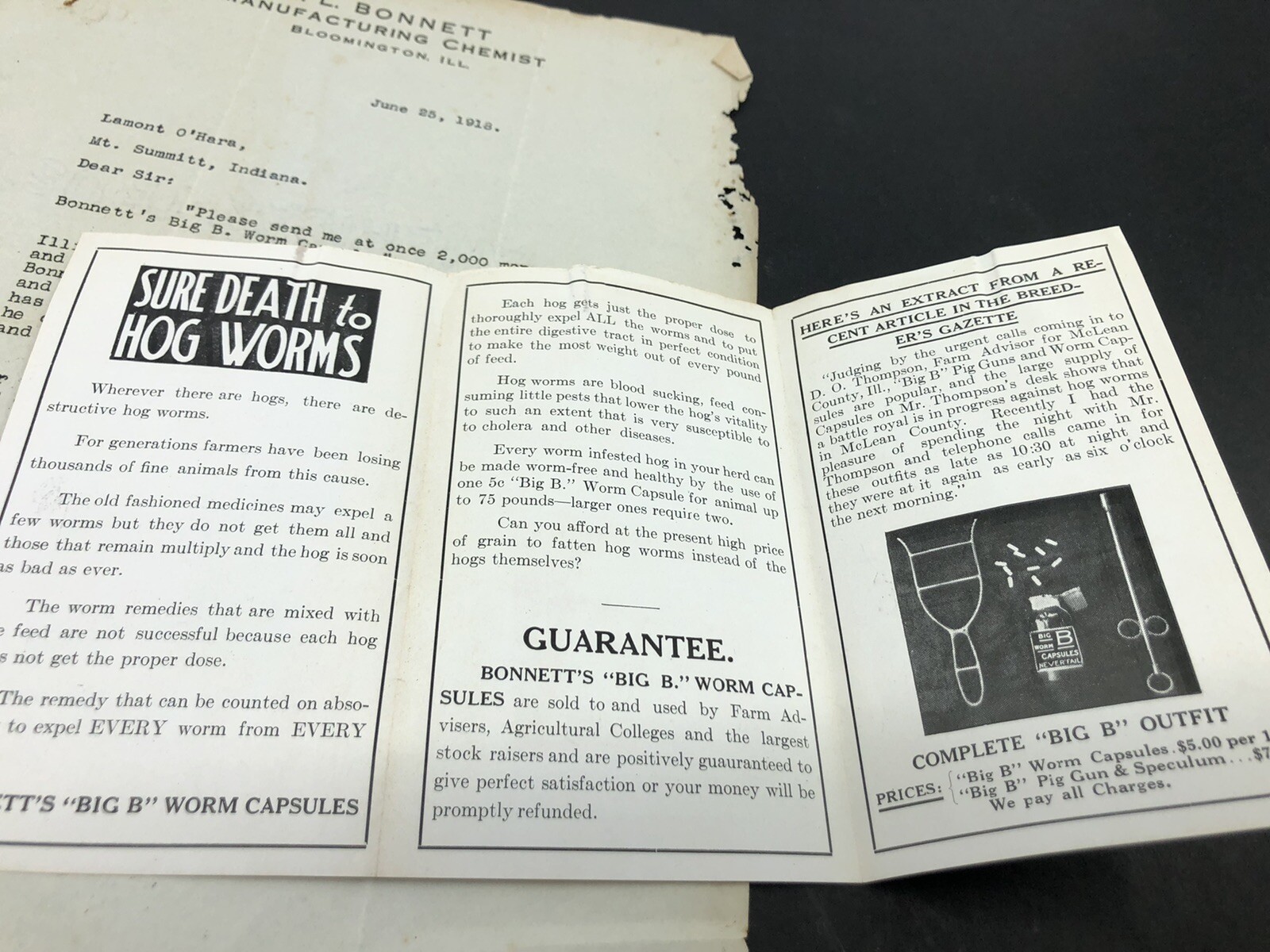 1918 BONNETTS BIG B HOG WORM CAPSULES ILLUS BROCHURE Letterhead Bloomington IL